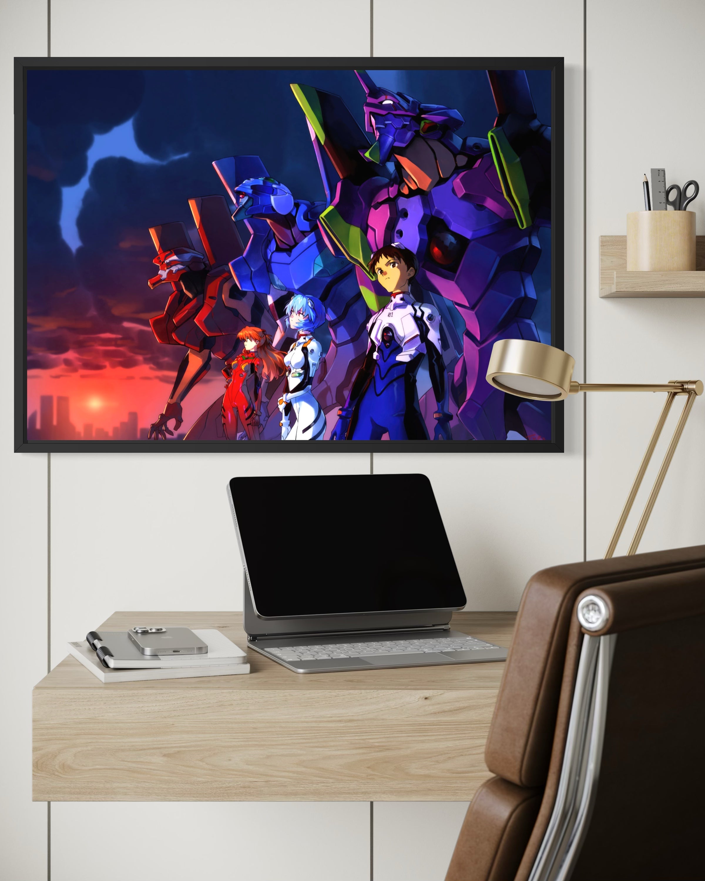 Team con cornice nera, stampa con personaggi anime e robot colorati