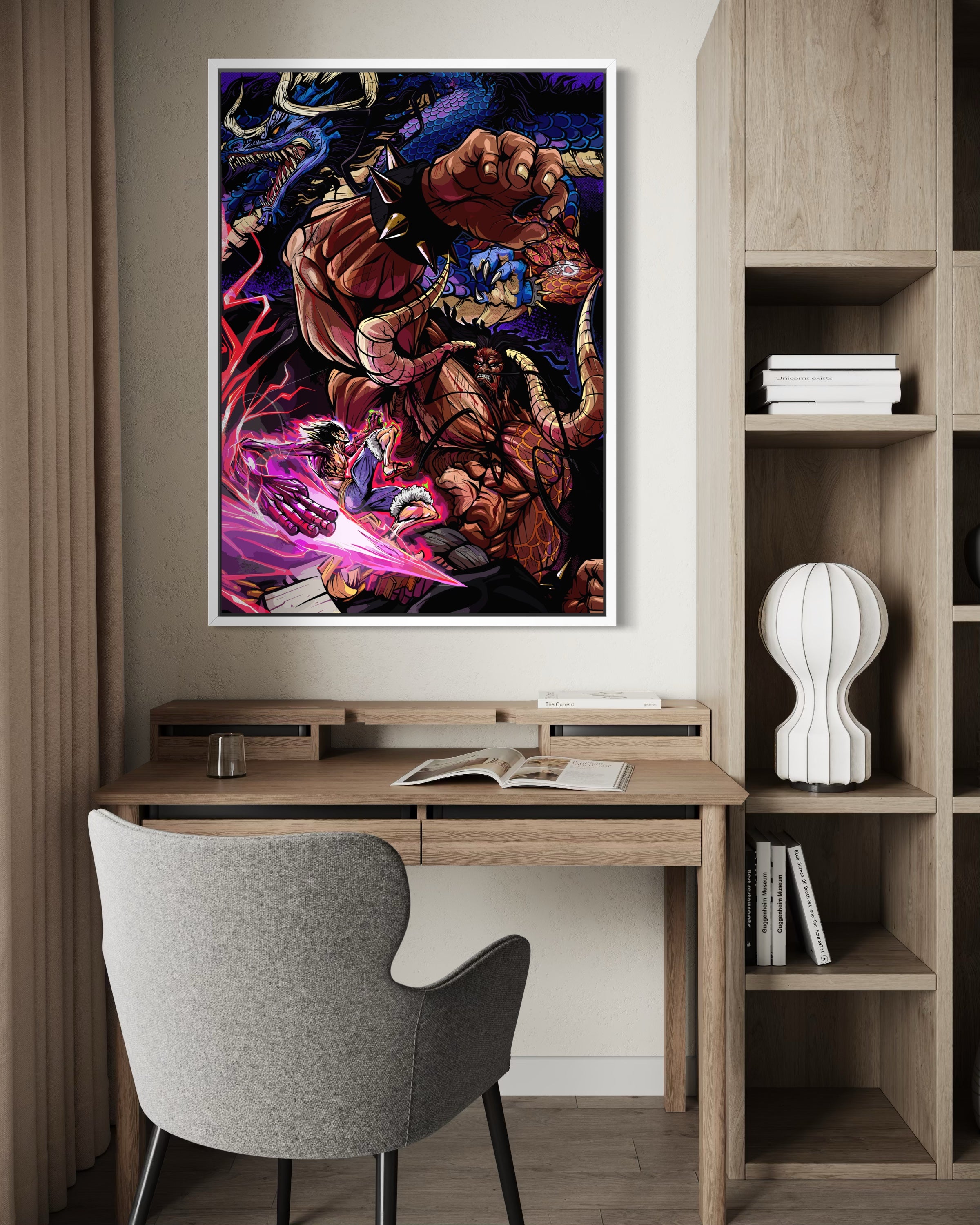 Kaido con telaio bianco, illustrazione fantasy a colori vivaci in cornice rettangolare
