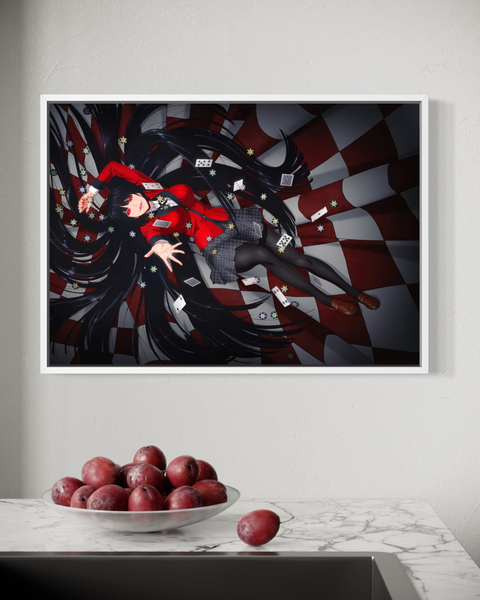 Kakegurui game, stampa incorniciata con telaio bianco e personaggio su sfondo a scacchi