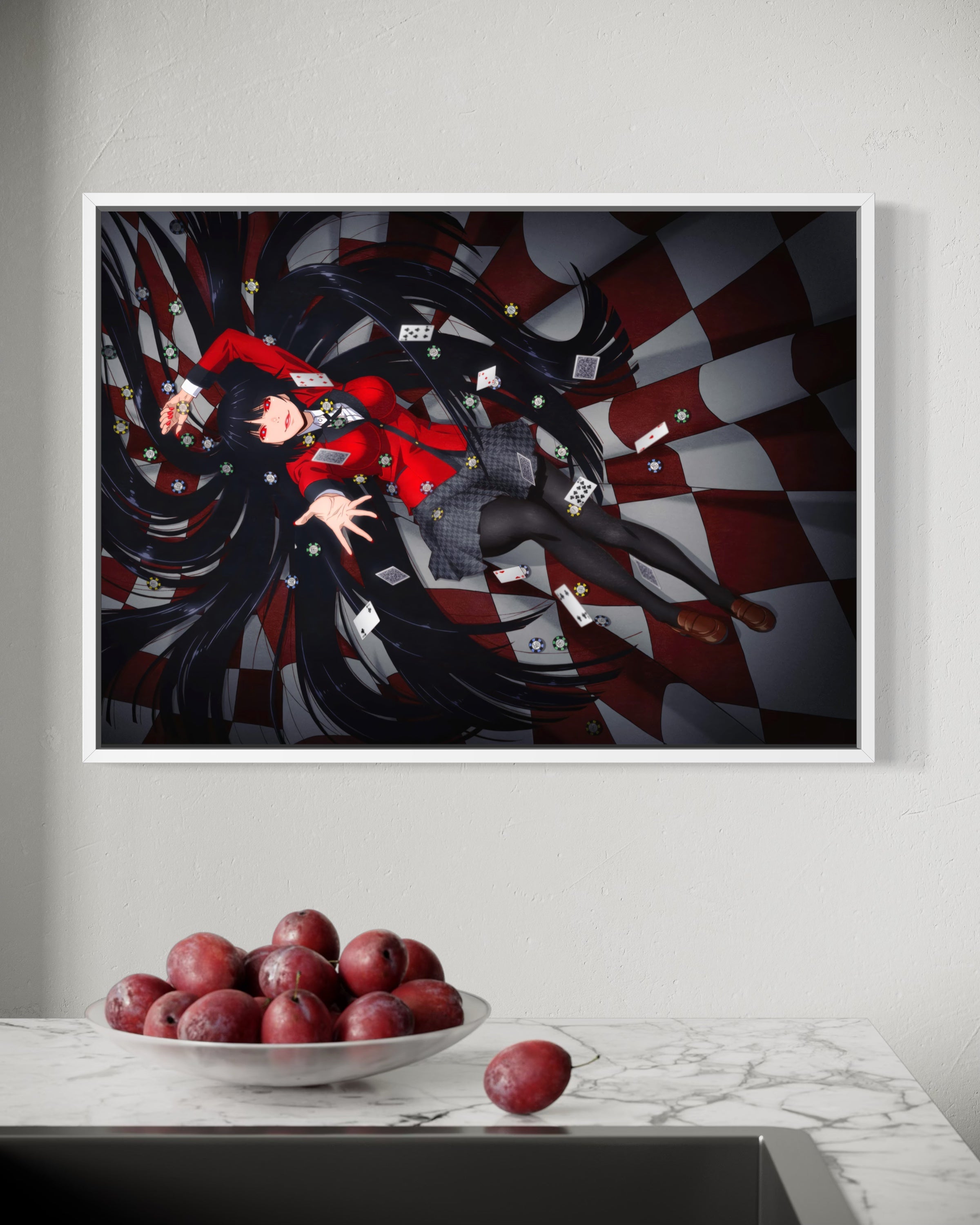 Kakegurui game, stampa incorniciata con telaio bianco e personaggio su sfondo a scacchi