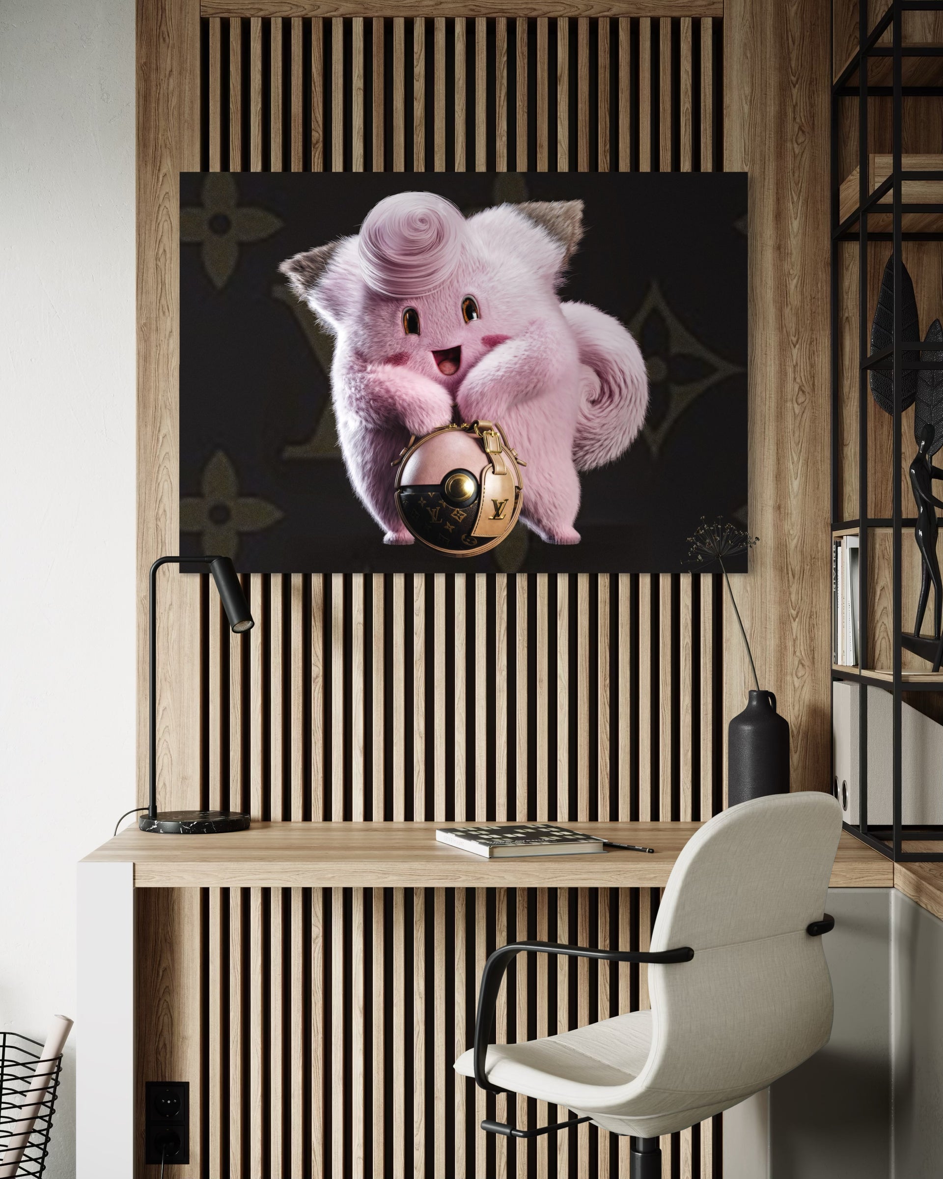 Telaio nero con immagine animale rosa e lucchetto dorato, stampa decorativa