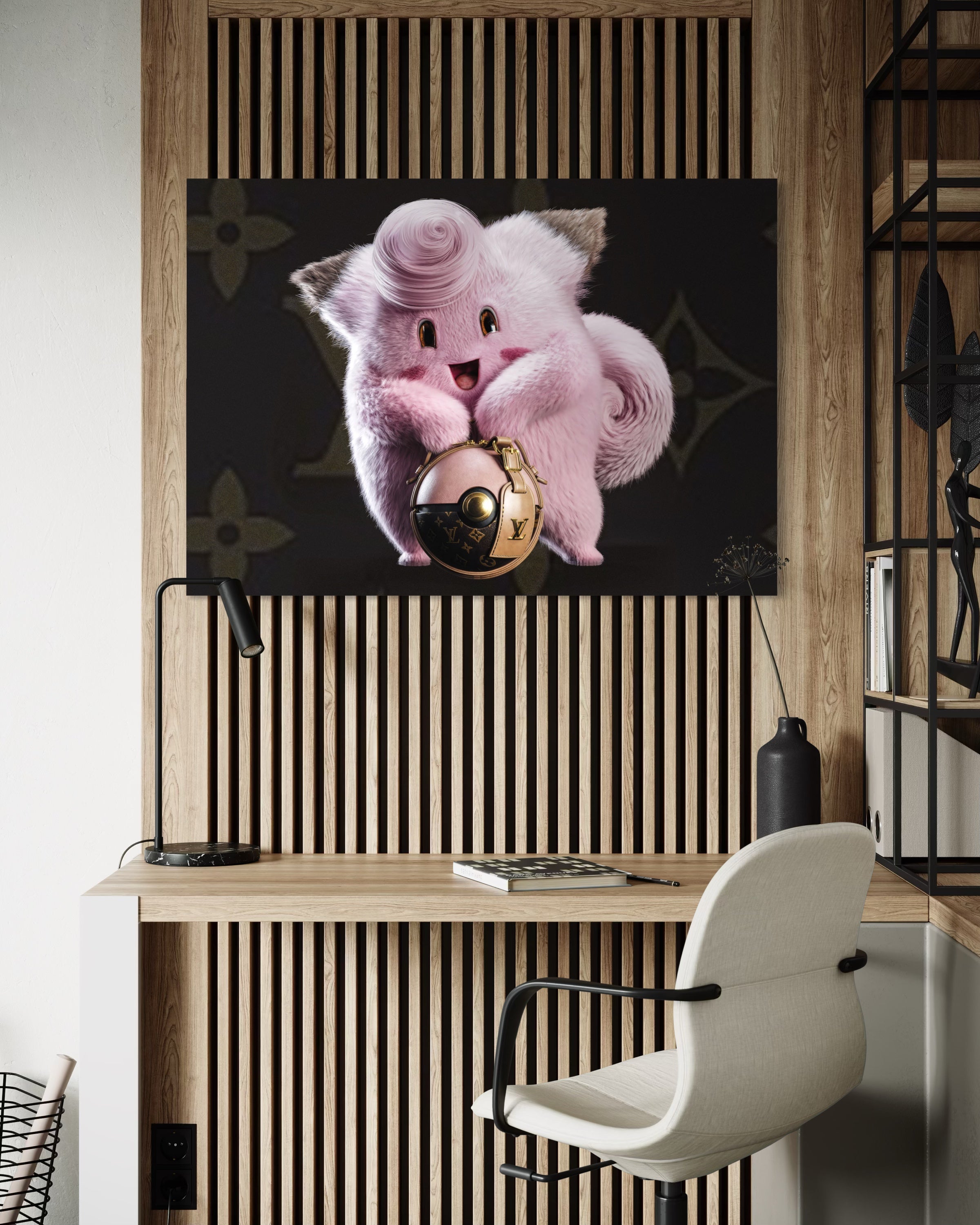 Telaio nero con immagine animale rosa e lucchetto dorato, stampa decorativa