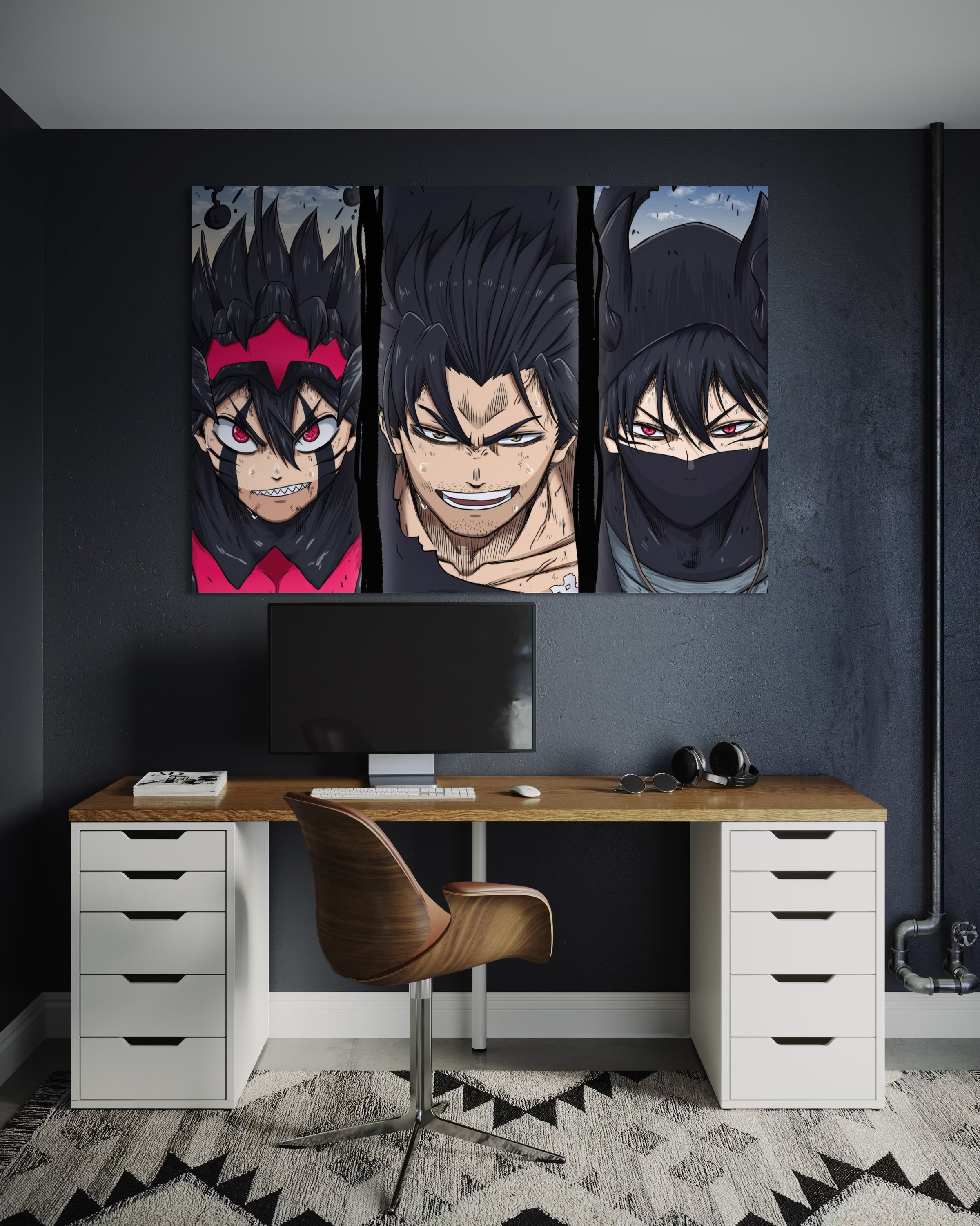 Black team framed anime triptych with dark characters, red accents, black background