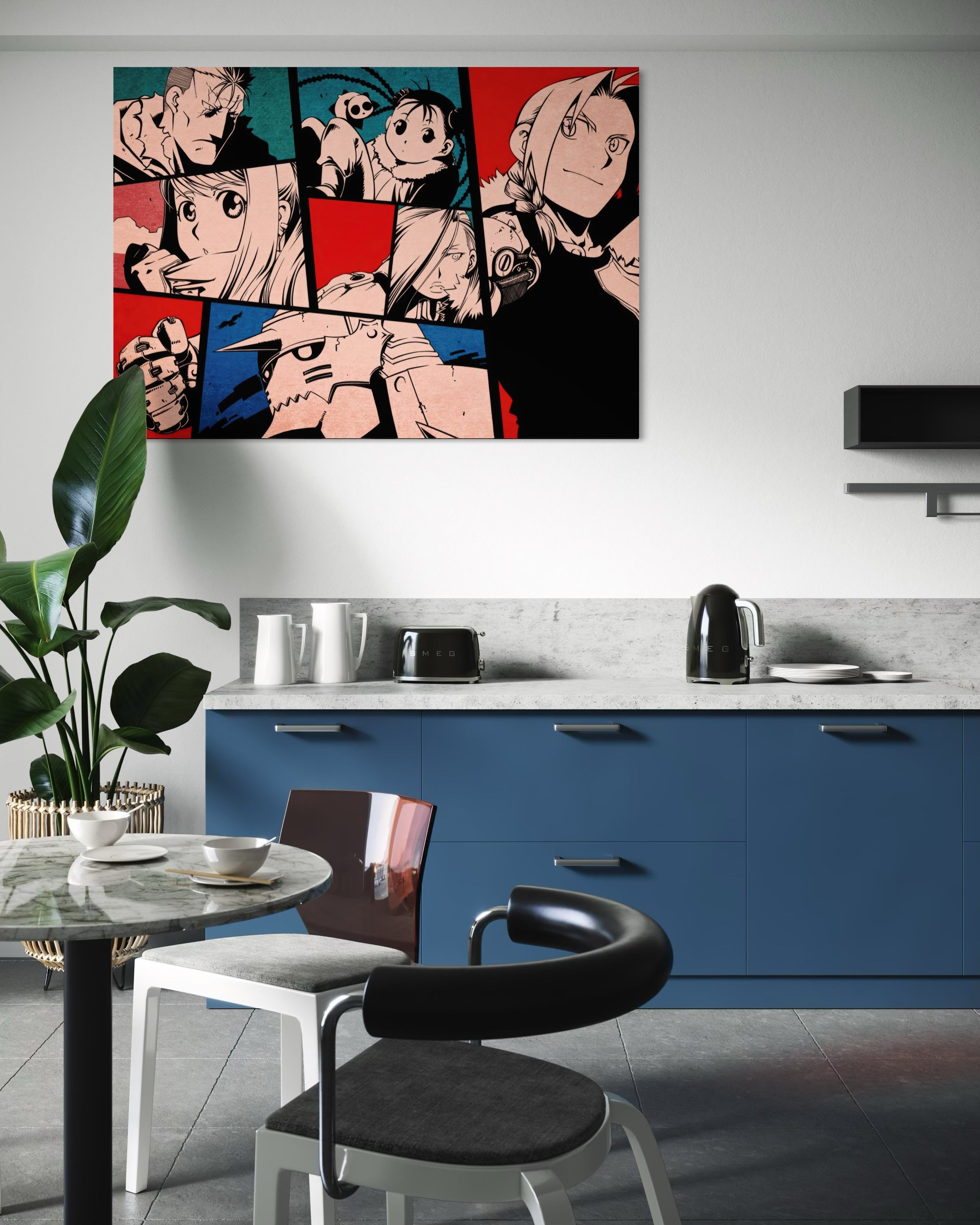 Fullmetal team con cornice nera: poster anime con personaggi in collage.