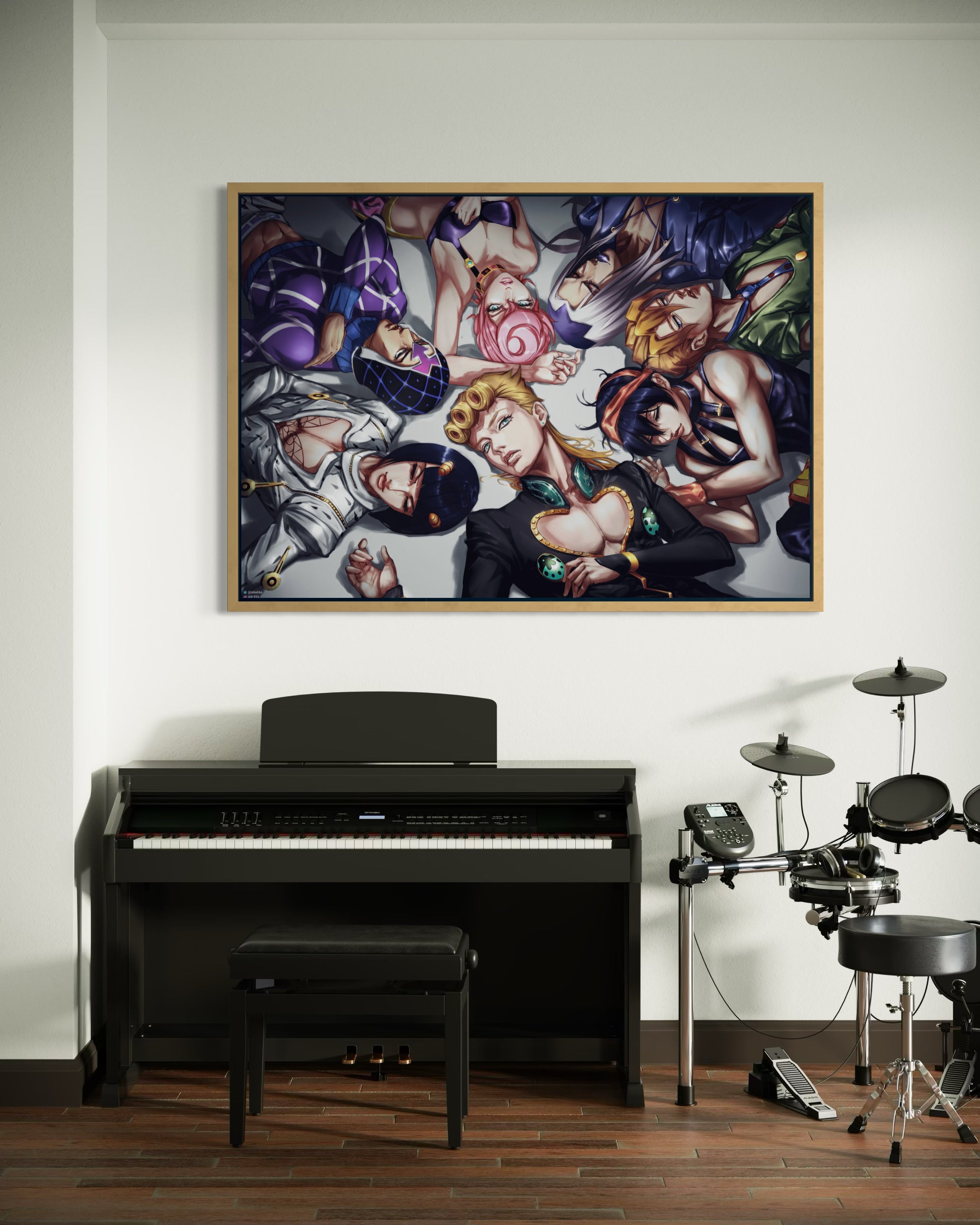 Stampa incorniciata Jojo con personaggi anime e cornice dorata