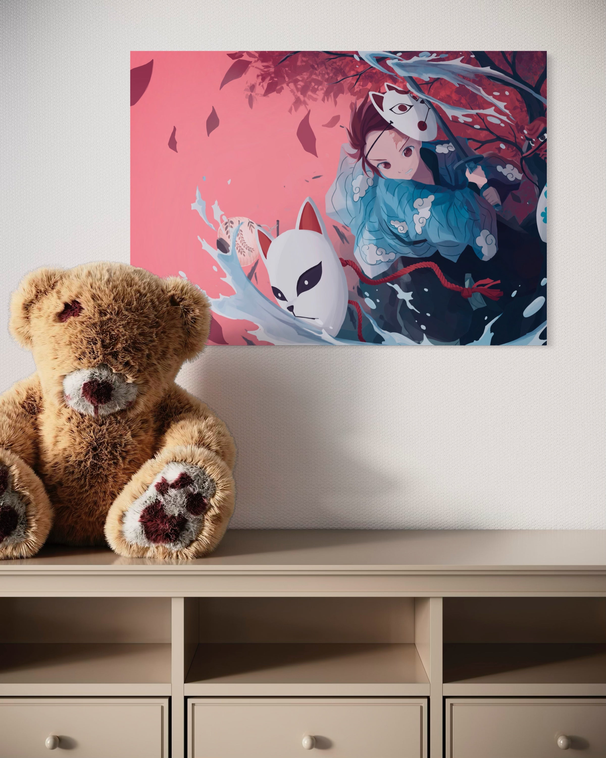 Stampa incorniciata con illustrazione anime di personaggi e cuccioli su parete