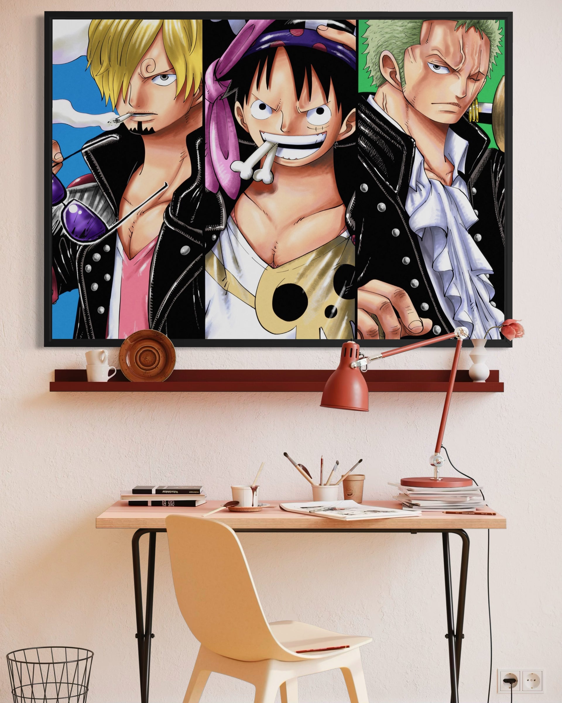 Trio con cornice nera e tre ritratti anime in pannelli affiancati
