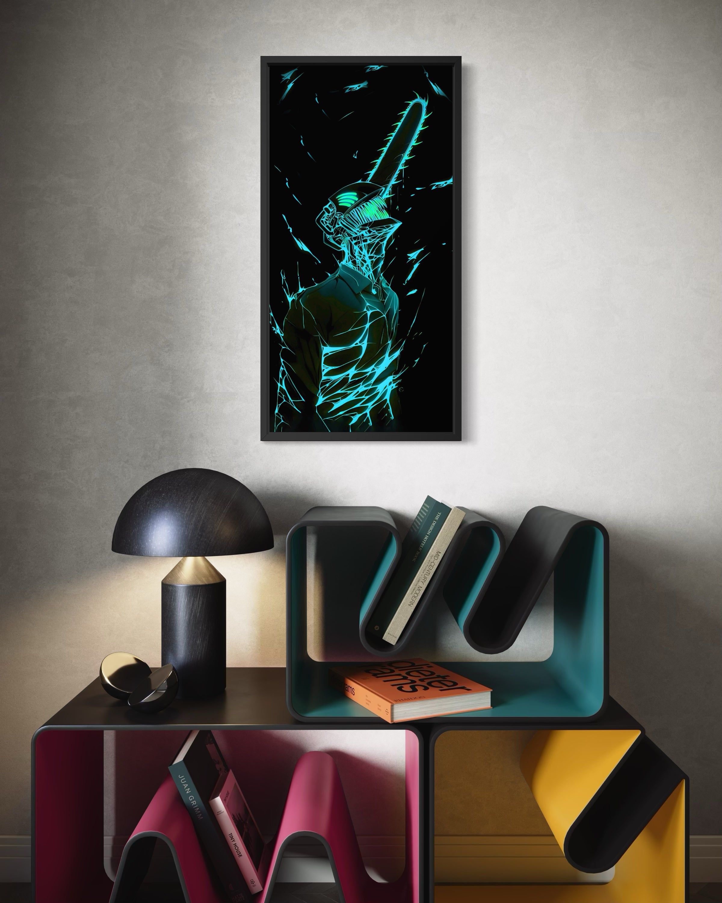 Stampa Saw con spada neon azzurro e sagoma astratta, cornice scura