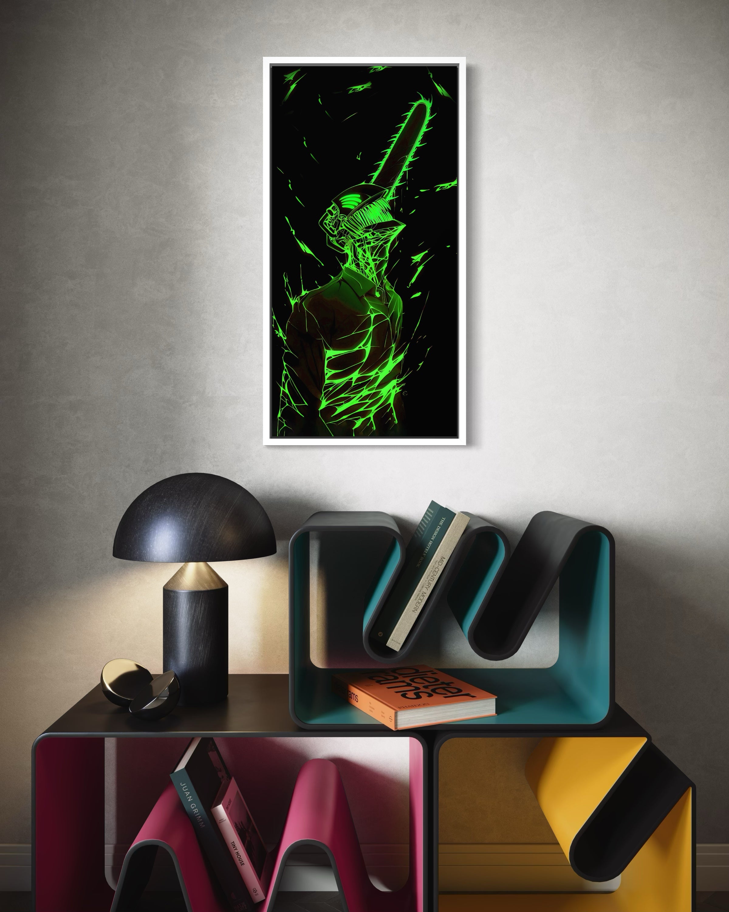 Stampa Saw con spada neon verde e sagoma astratta, cornice scura