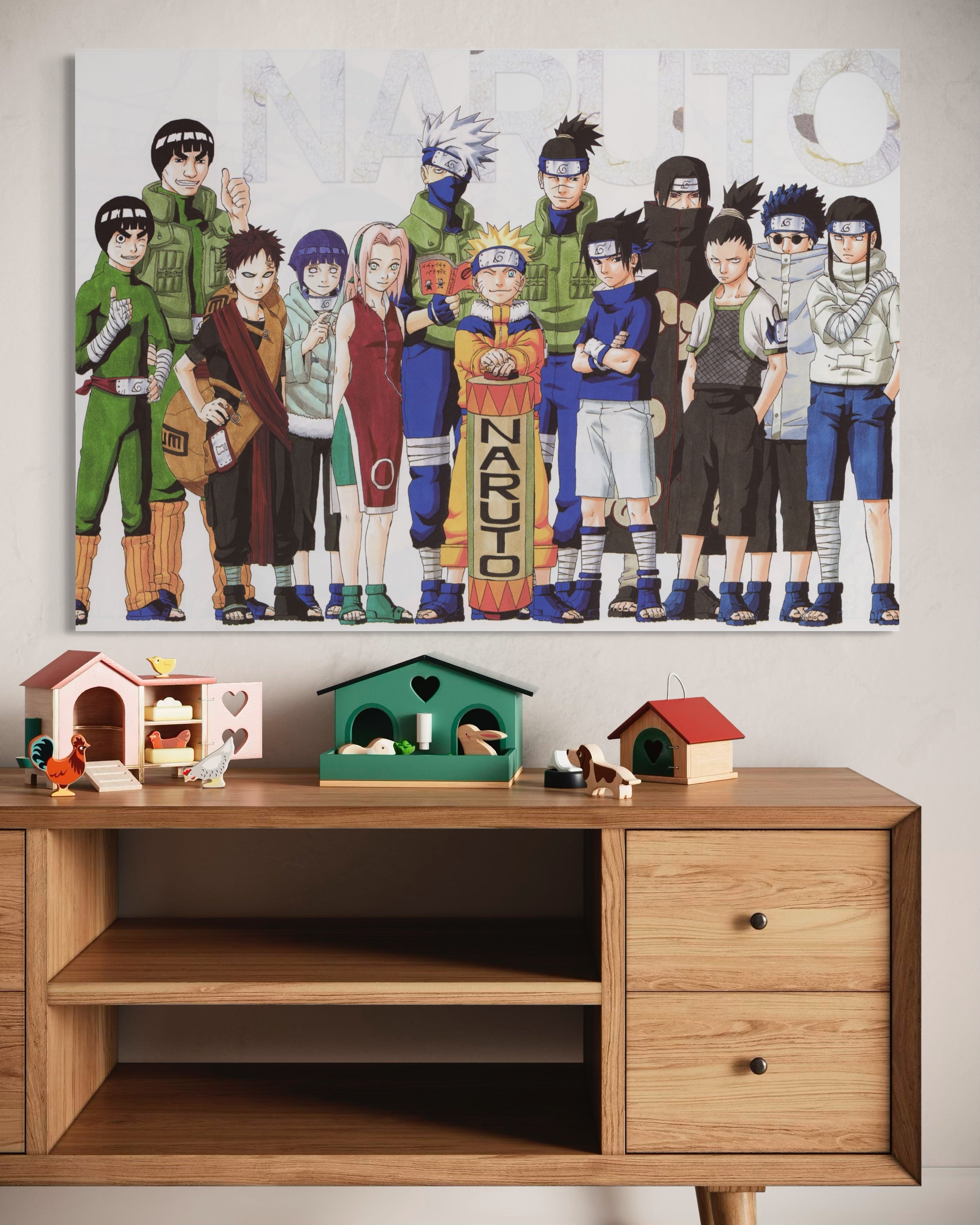 Old naruto poster with Naruto characters, group illustration in a framed layout