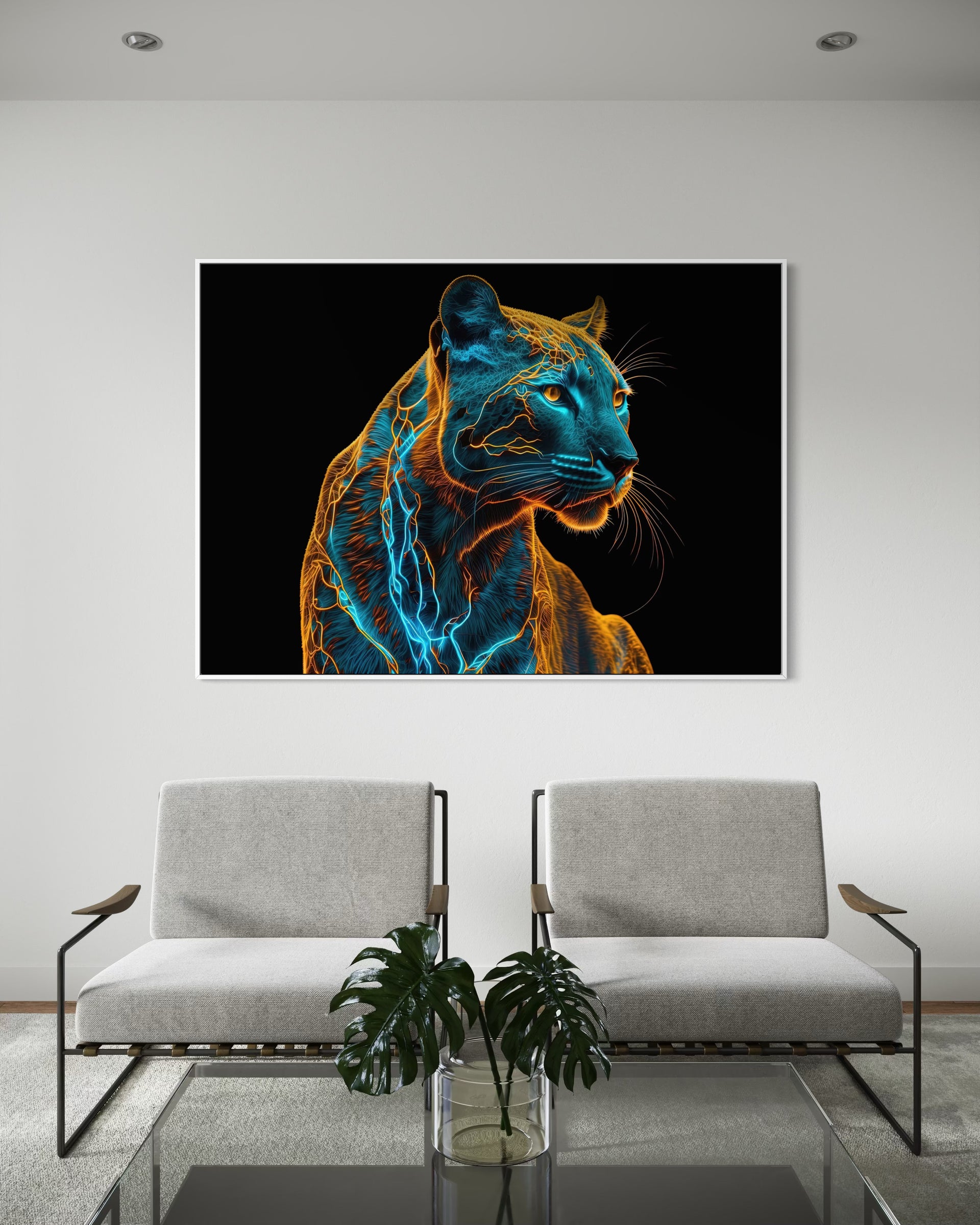 Pantera Neon incorniciata con bagliori azzurro e arancio su sfondo scuro