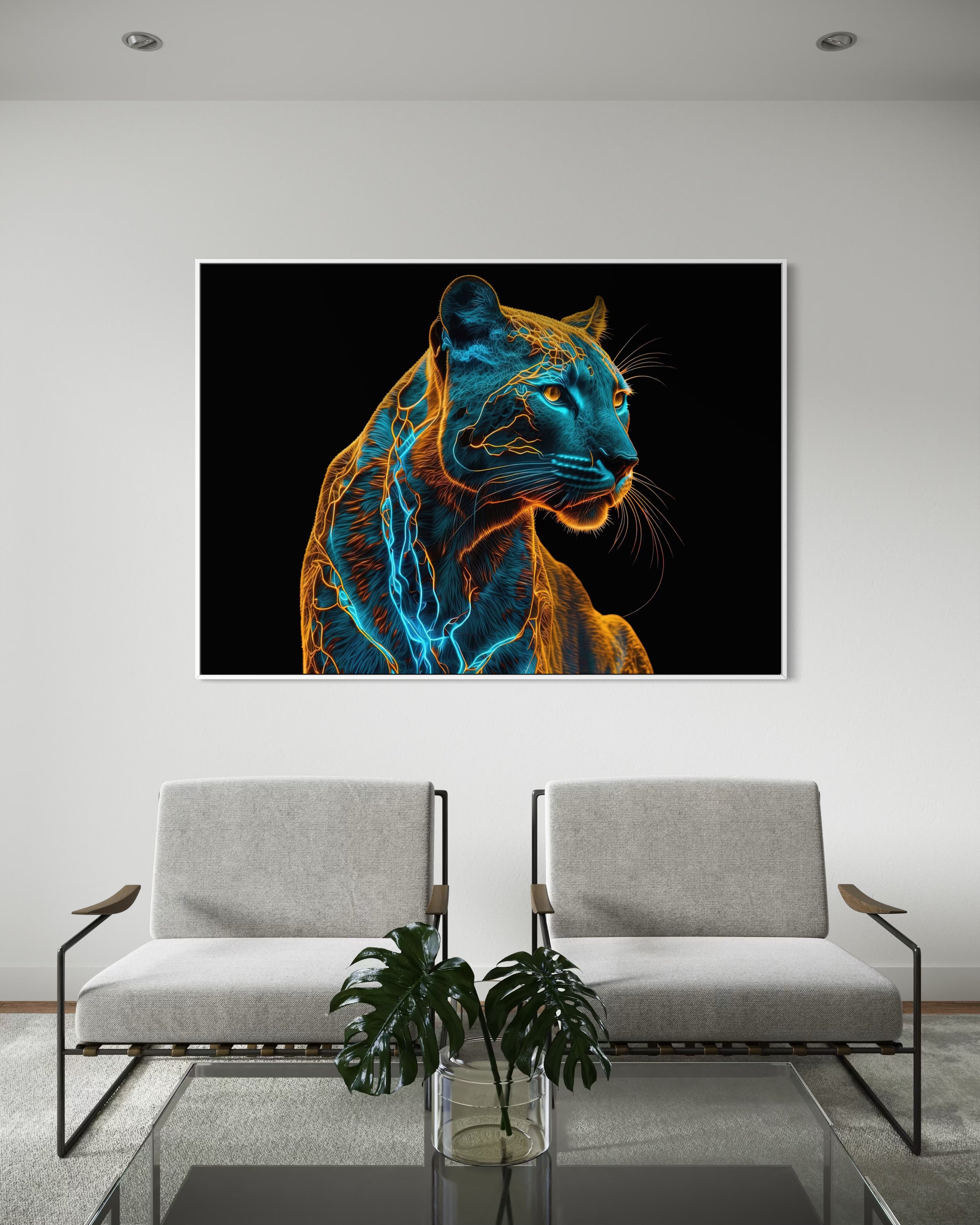 Stampa incorniciata pantera neon con contorni blu e arancione su sfondo nero, cornice nera