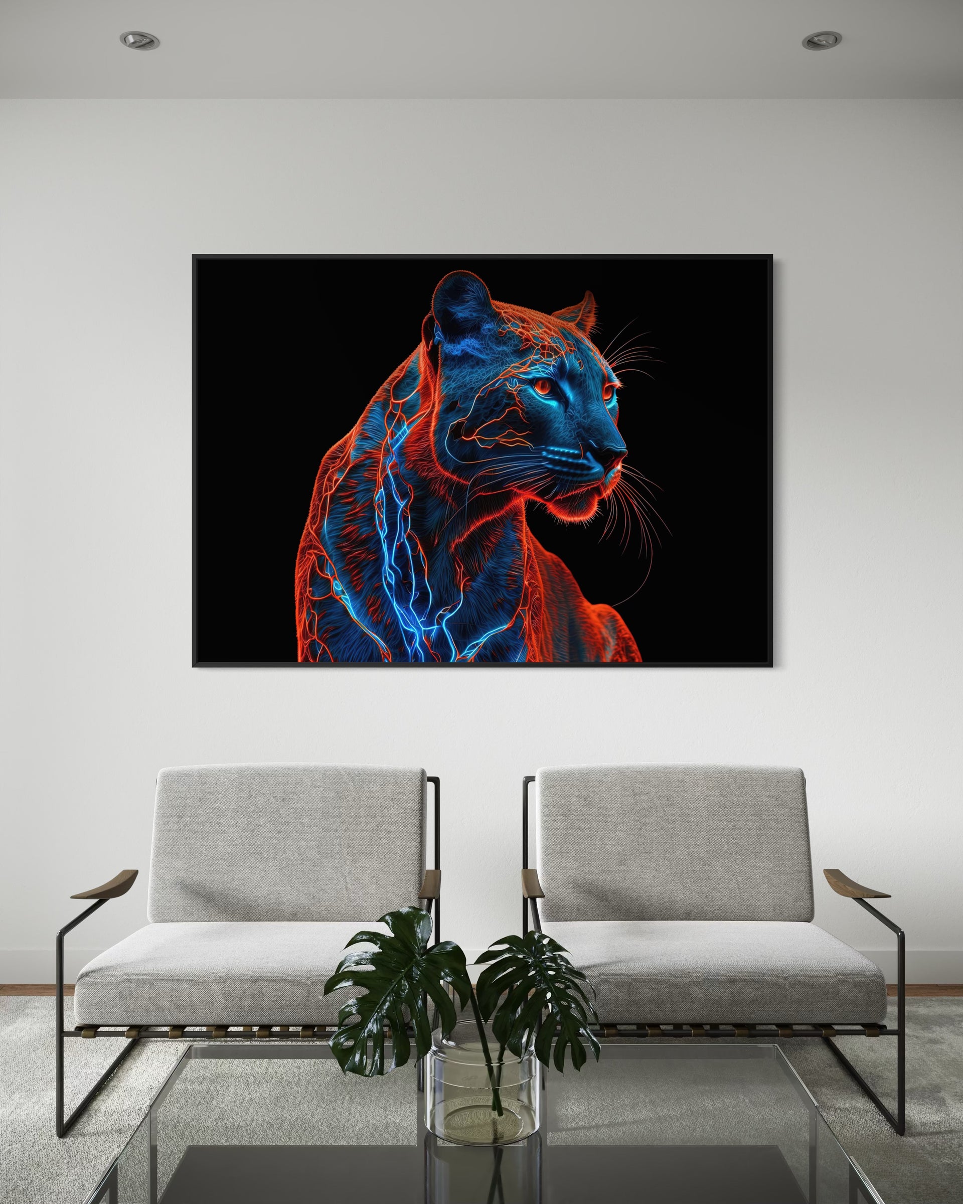 Pantera Neon profilo rivolto a destra, linee luminose blu e arancione