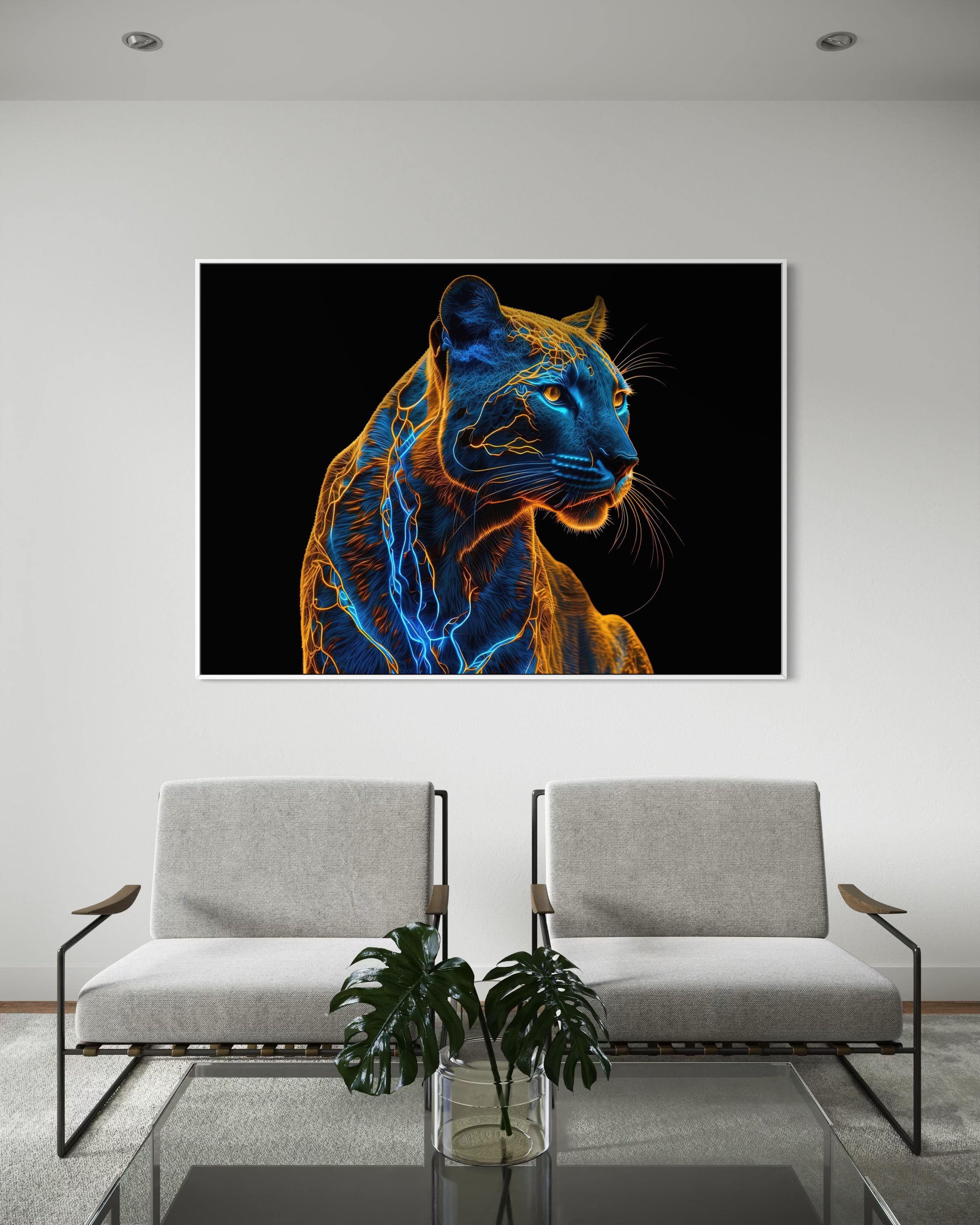 Stampa incorniciata pantera neon con contorni blu e giallo su sfondo nero, cornice nera