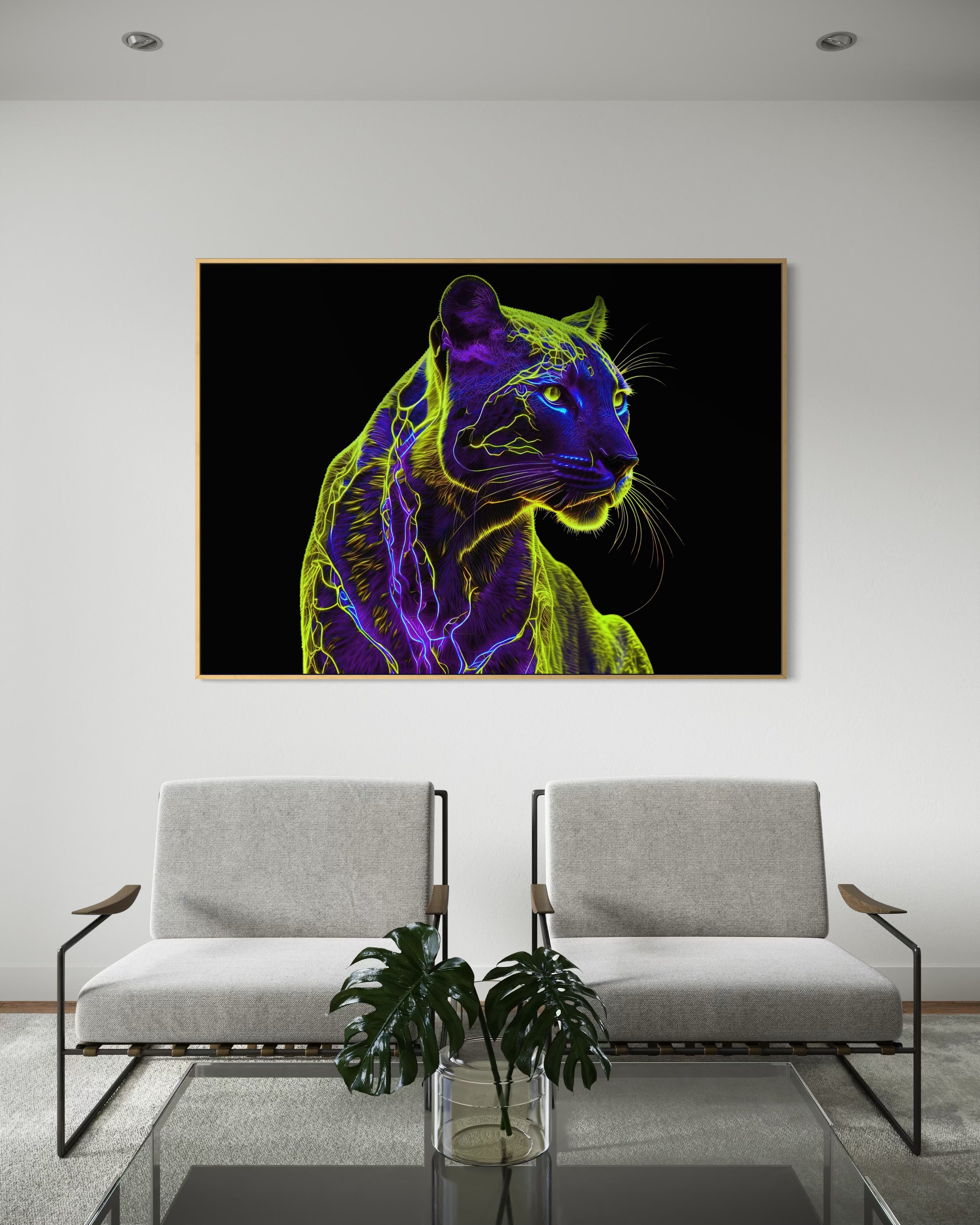 Stampa incorniciata pantera neon con contorni viola e verde su sfondo nero, cornice nera