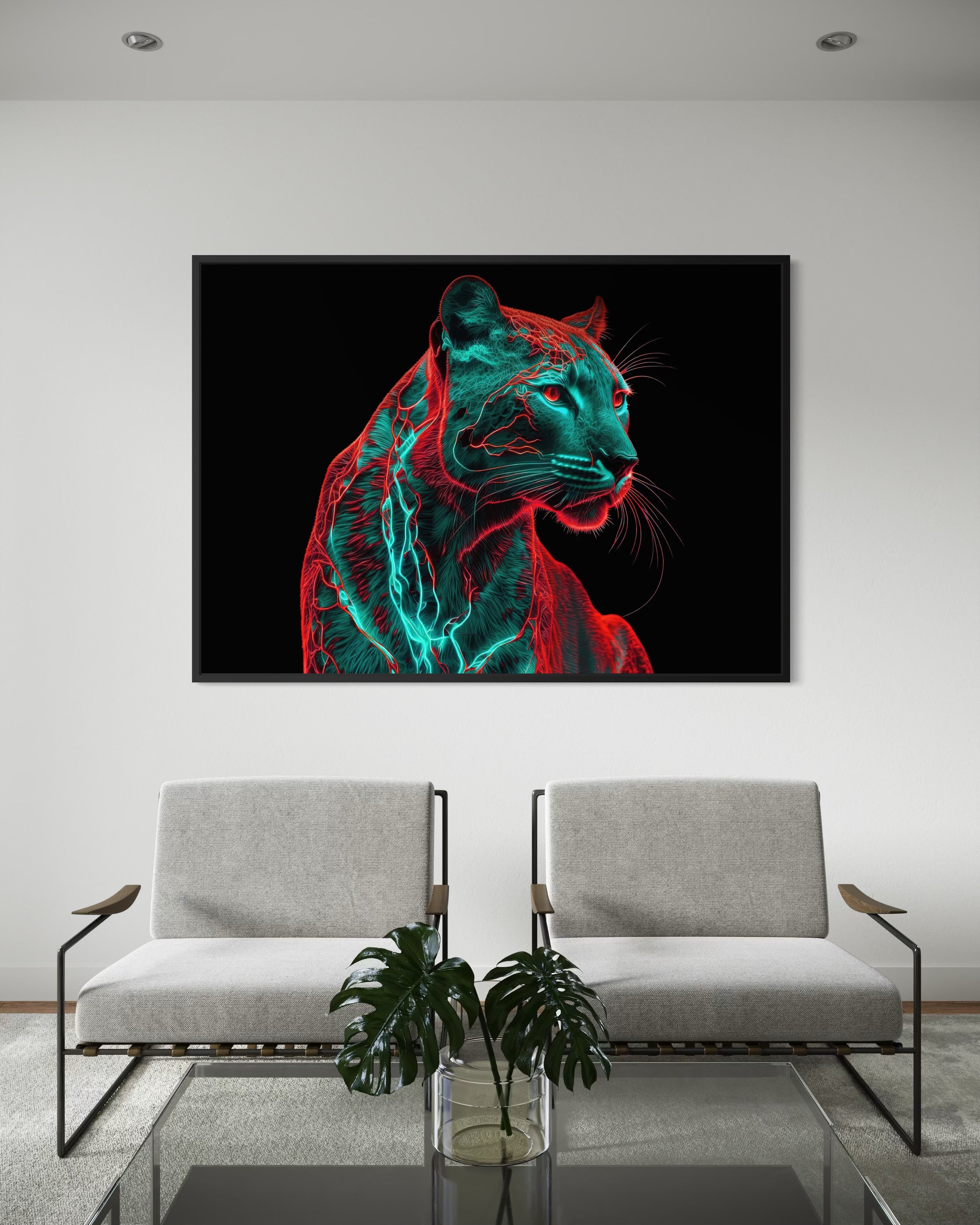 Stampa incorniciata pantera neon con contorni verde acqua e blu su sfondo nero, cornice nera