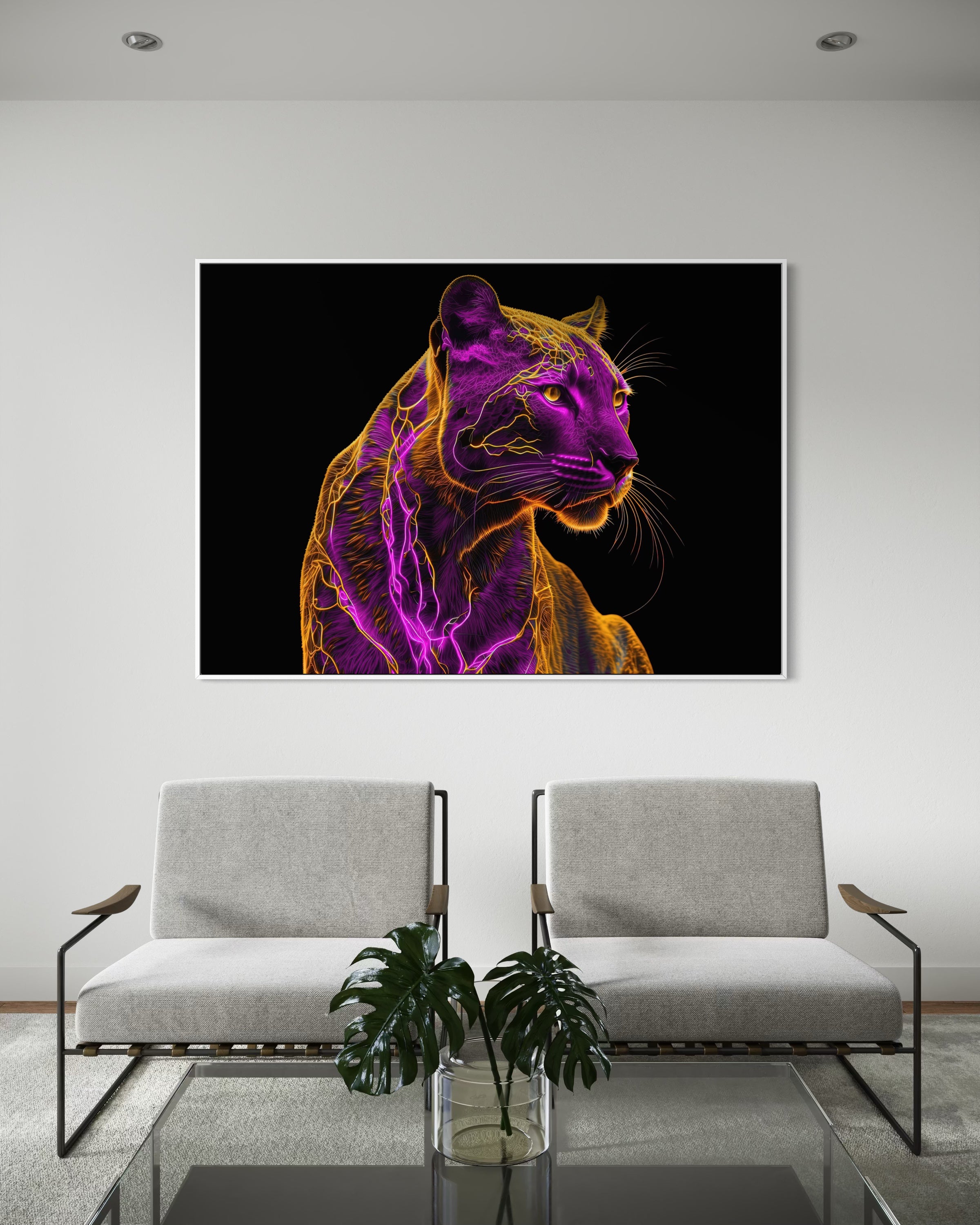 Stampa incorniciata pantera neon con contorni magenta e viola su sfondo nero, cornice nera