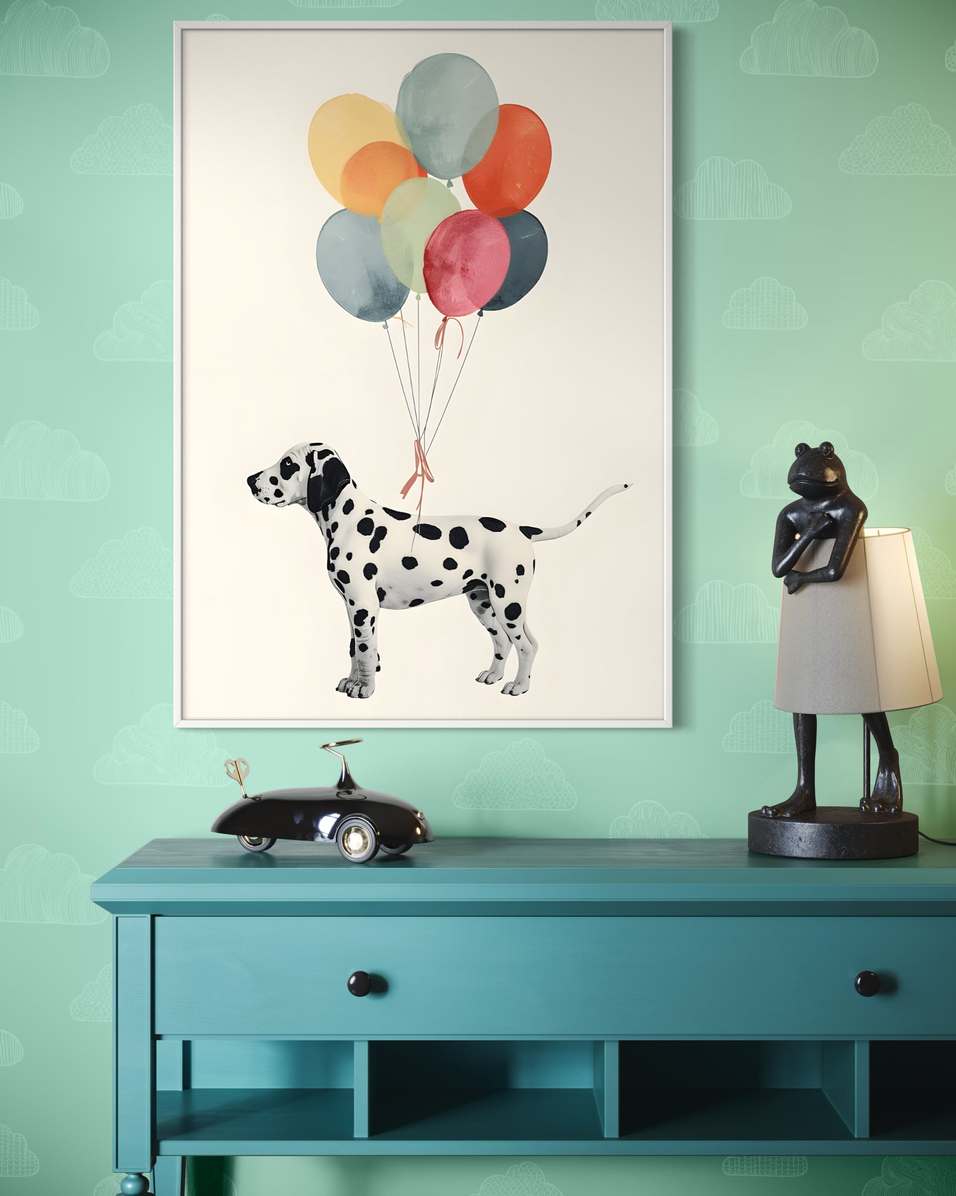 Stampa Dalmata con palloncini colorati appesi nel quadro incorniciato