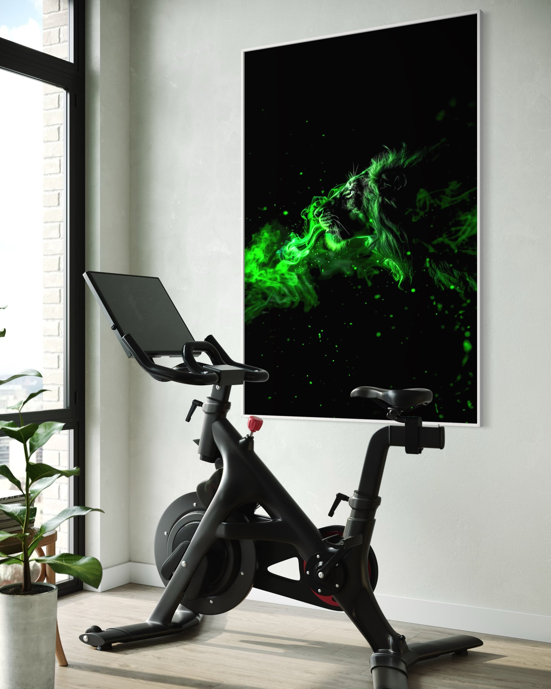 Quadro da parete con leone neon, cornice nera e sfondo scuro verde.