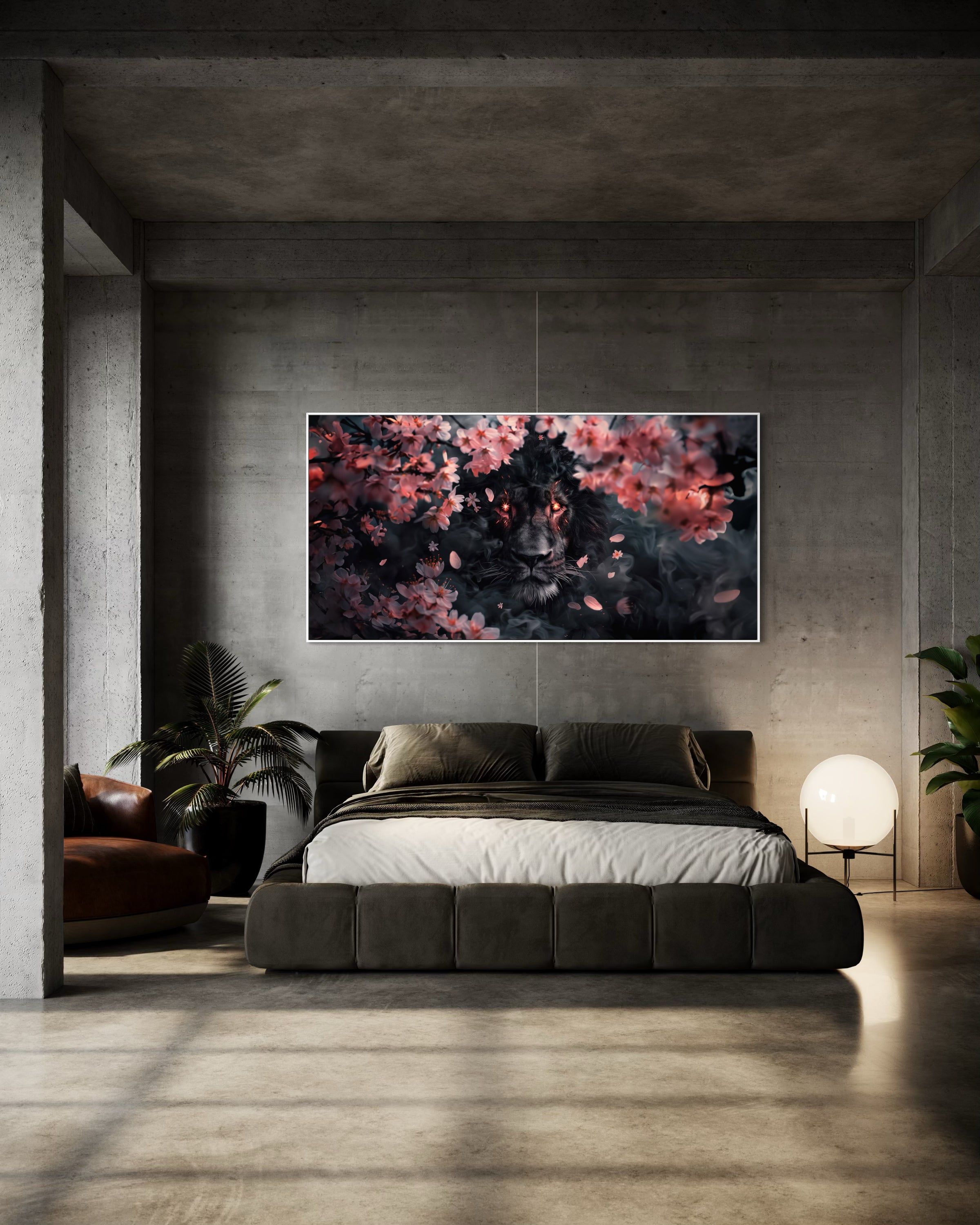Quadro rettangolare con sfondo scuro e fiori rosa-rossi, cornice sottile