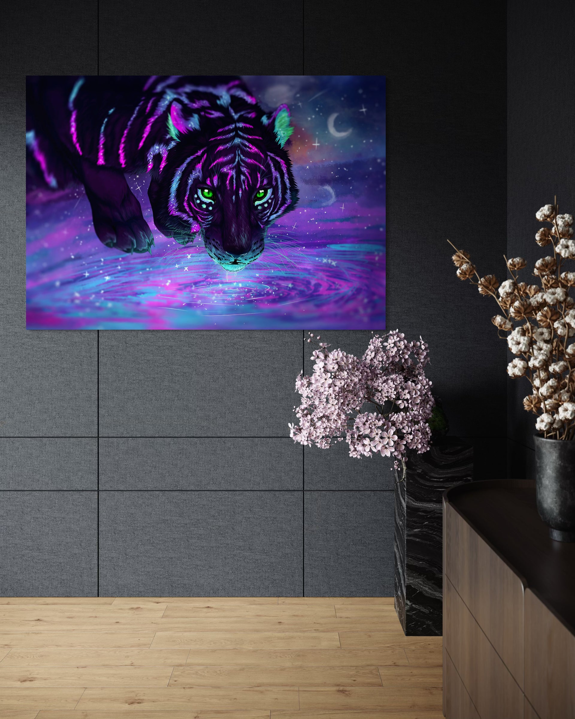 Tigre neon, tigre stilizzata viola e blu con occhi verdi su sfondo viola