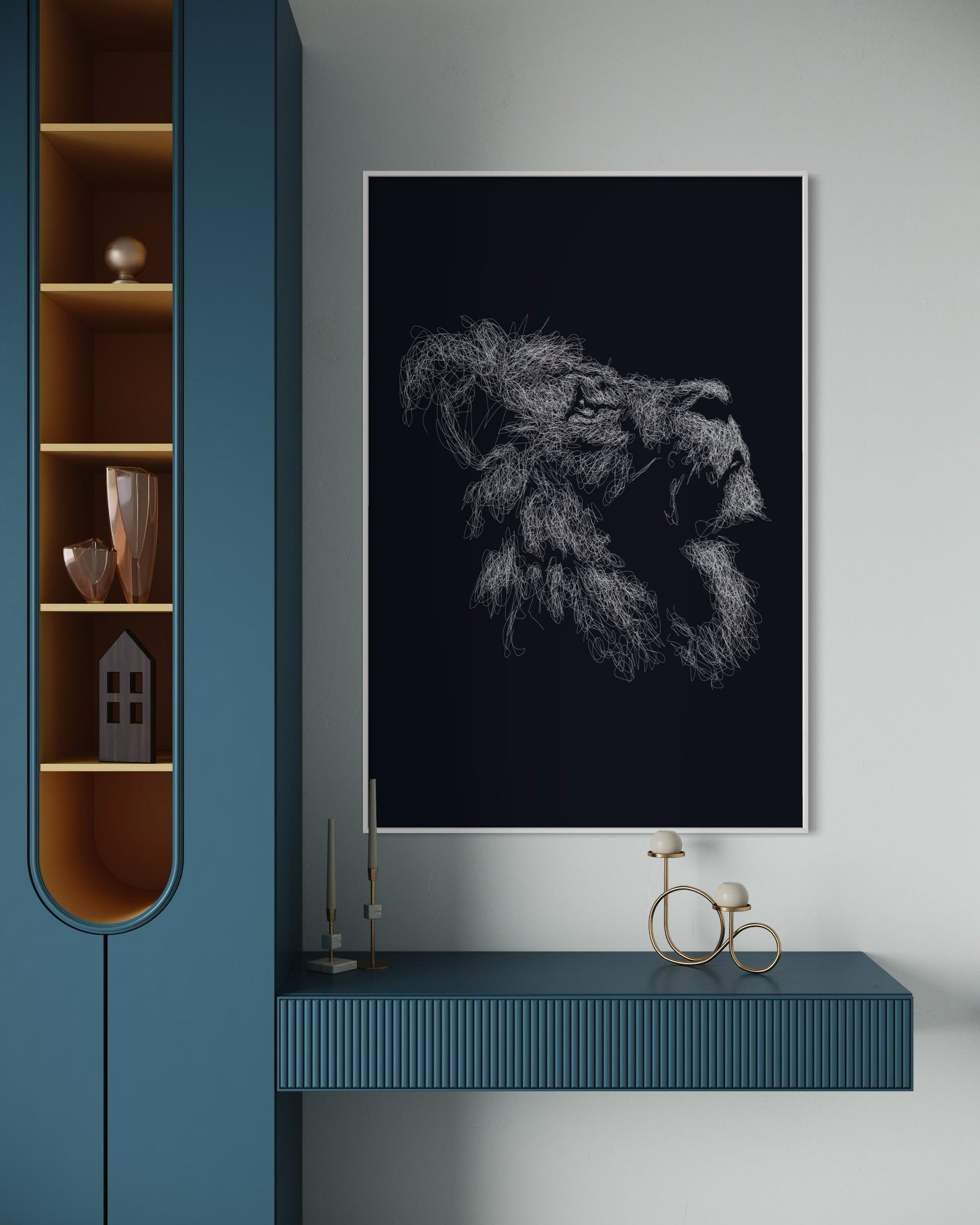 Leone scarabocchino con cornice scura: sagoma di leone disegnata a linee