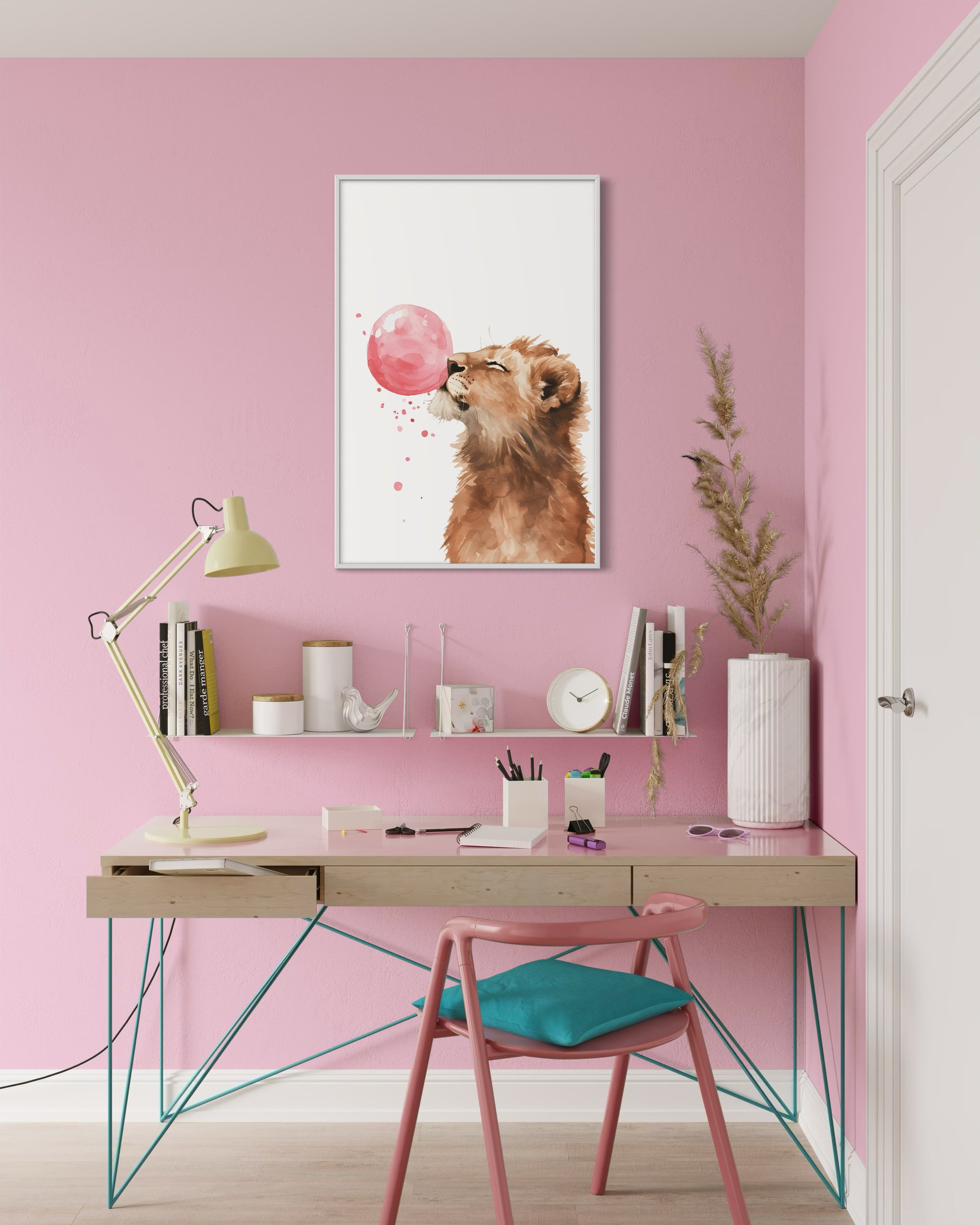 Stampa Leonecino gum con cornice bianca e palloncino rosso