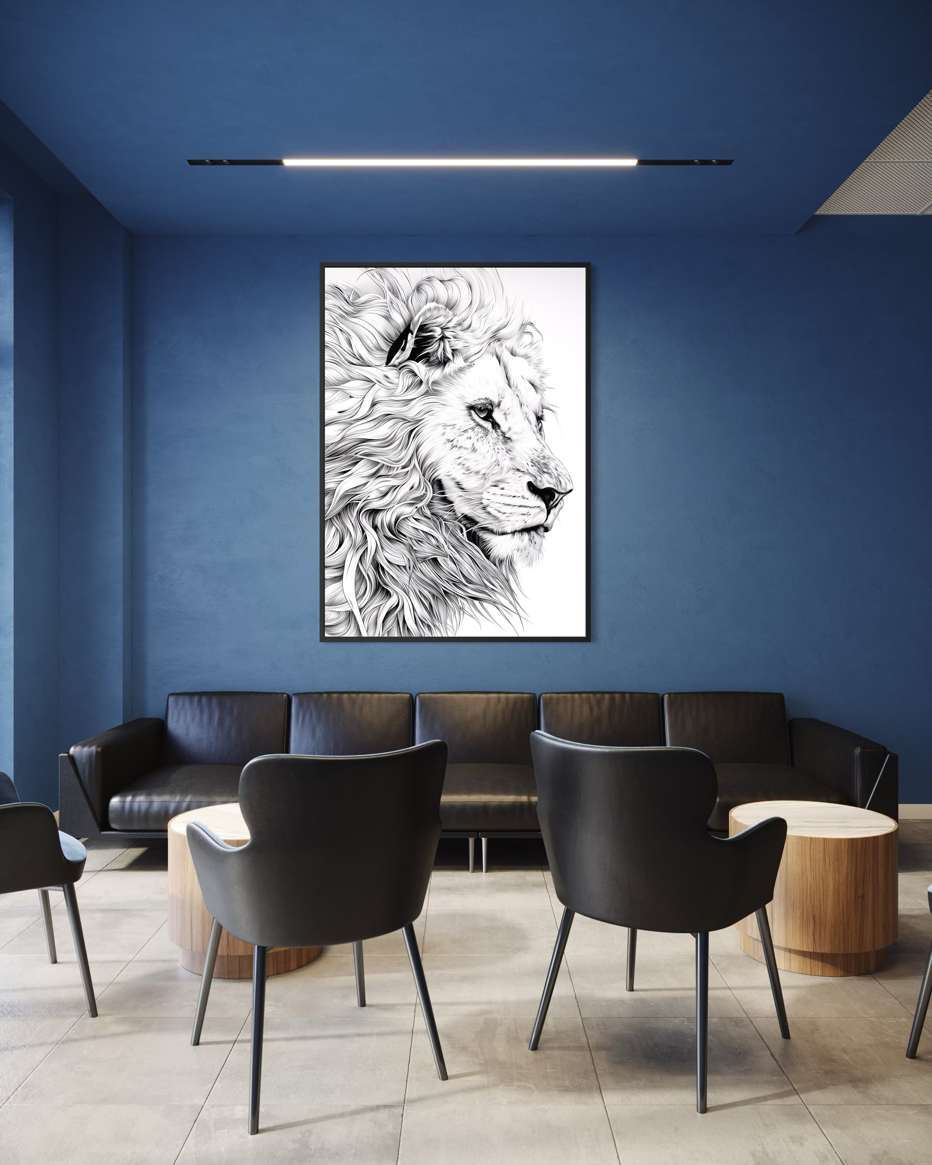 Leone Disegno con cornice nera, ritratto del leone in stile grafico