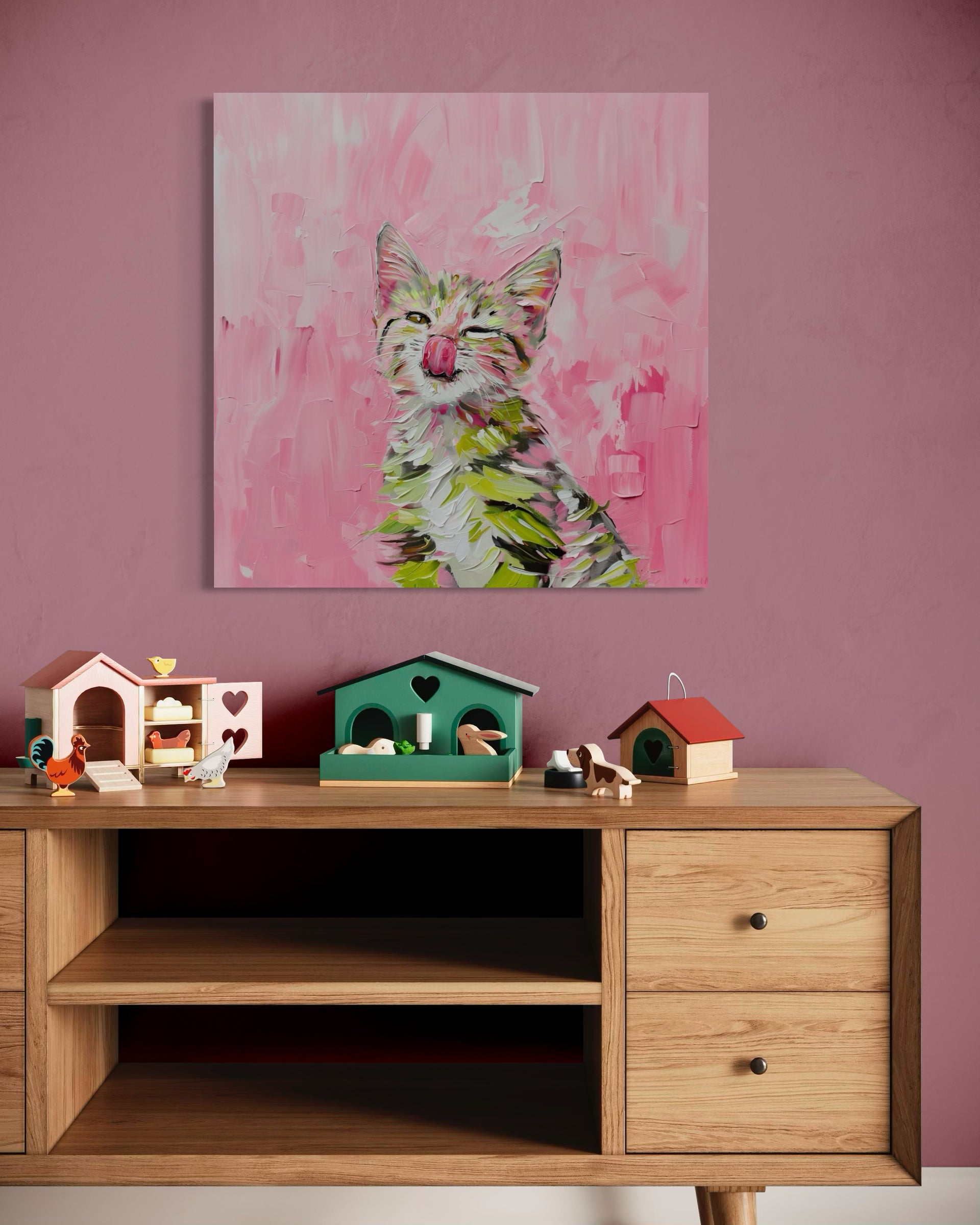 Gatto pennellate, quadro con gatto dipinto a pennellate multicolori su sfondo chiaro