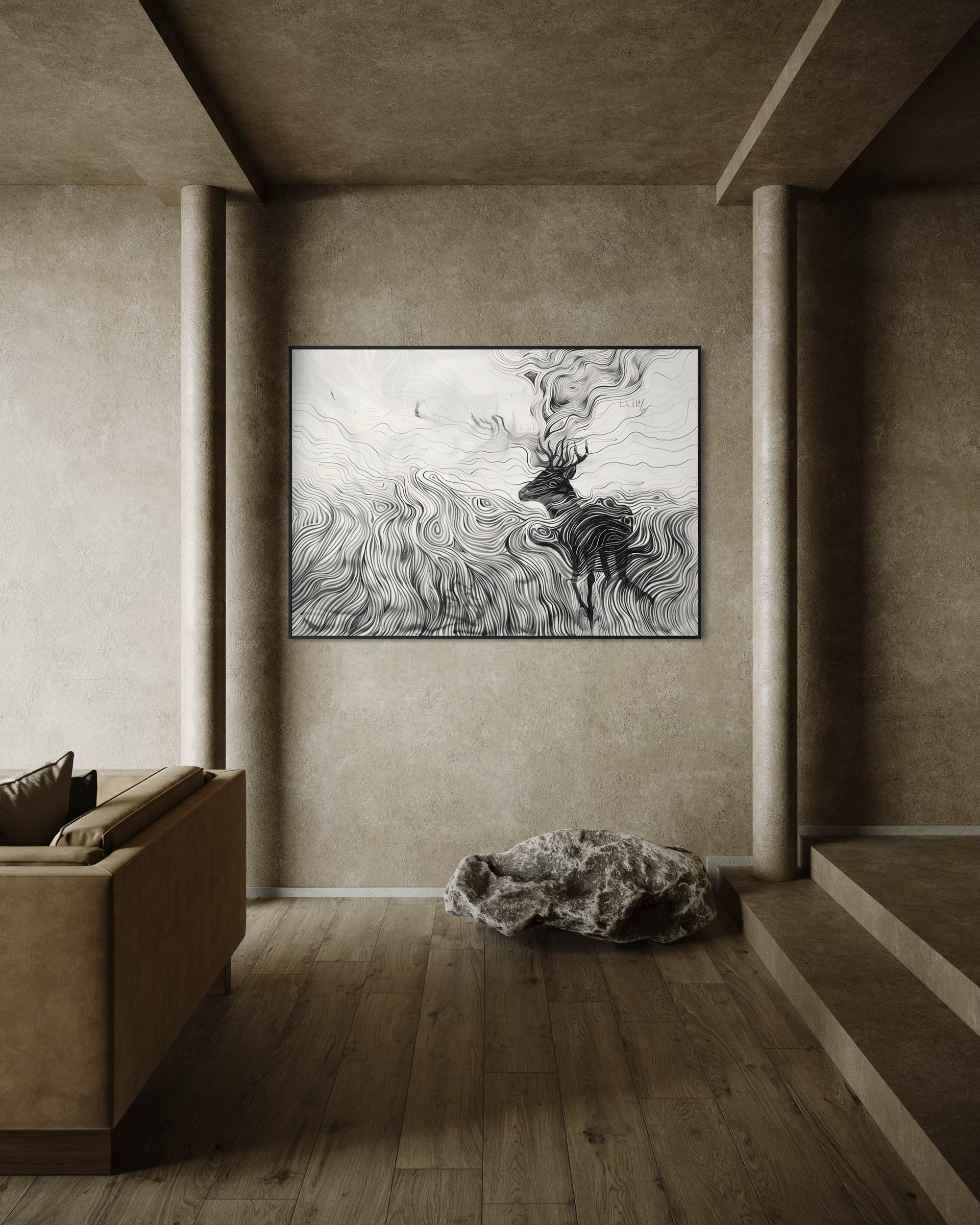 Quadro Cervo linee in stile incisione, con cornice nera