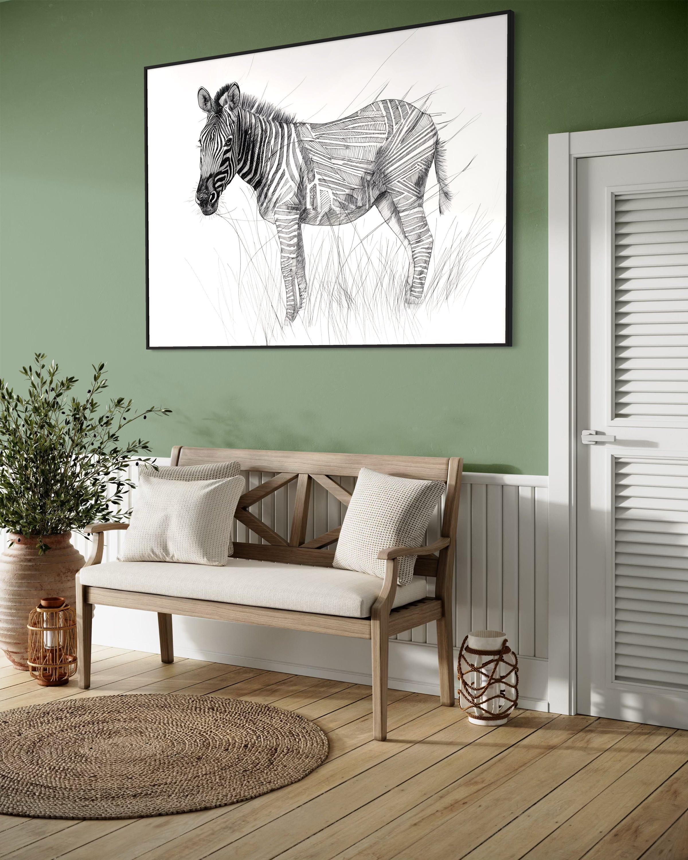 Zebra lineare con telaio nero, illustrazione a linee bianche e grigie