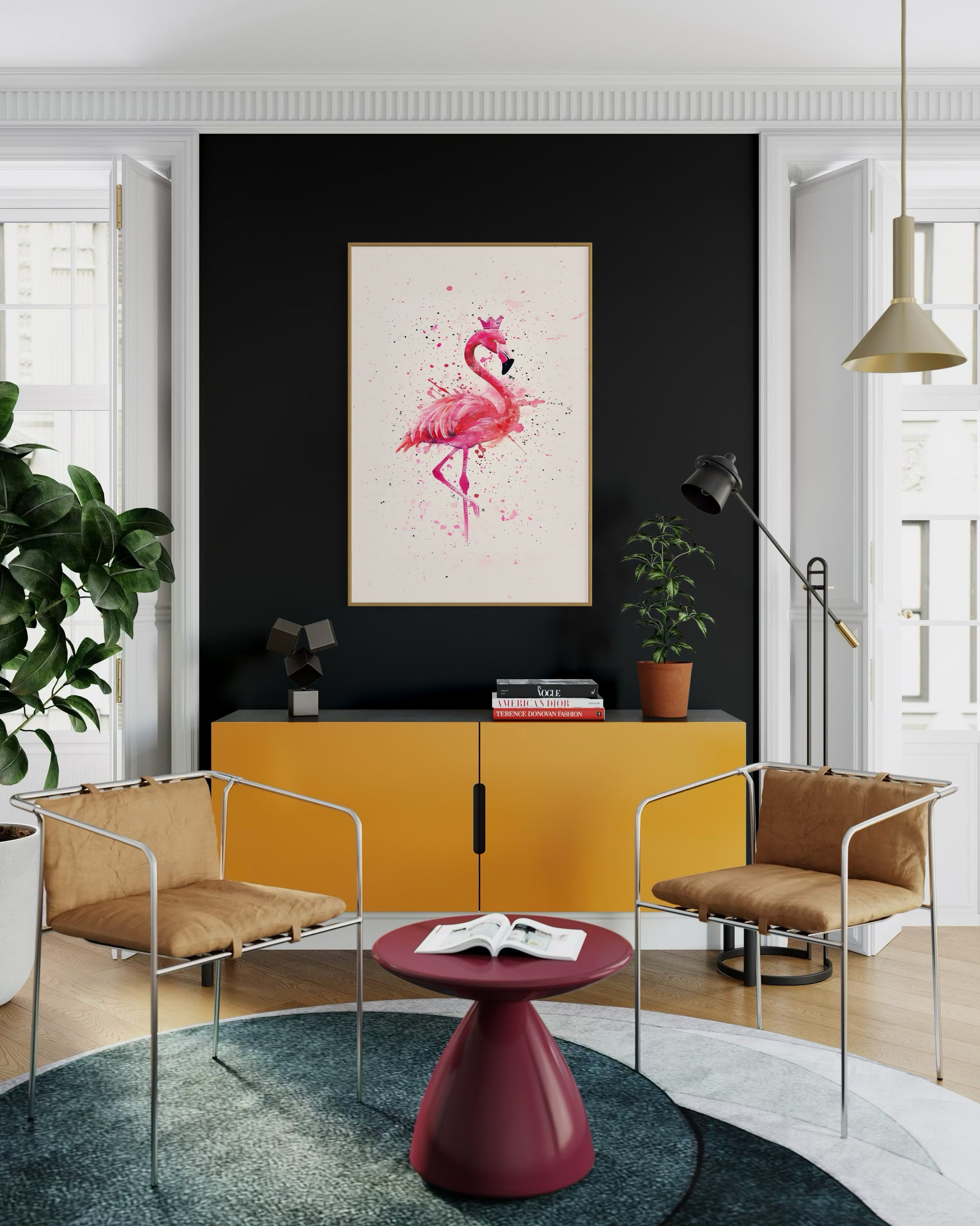 Stampa incorniciata con fenicottero rosa su sfondo chiaro, cornice beige