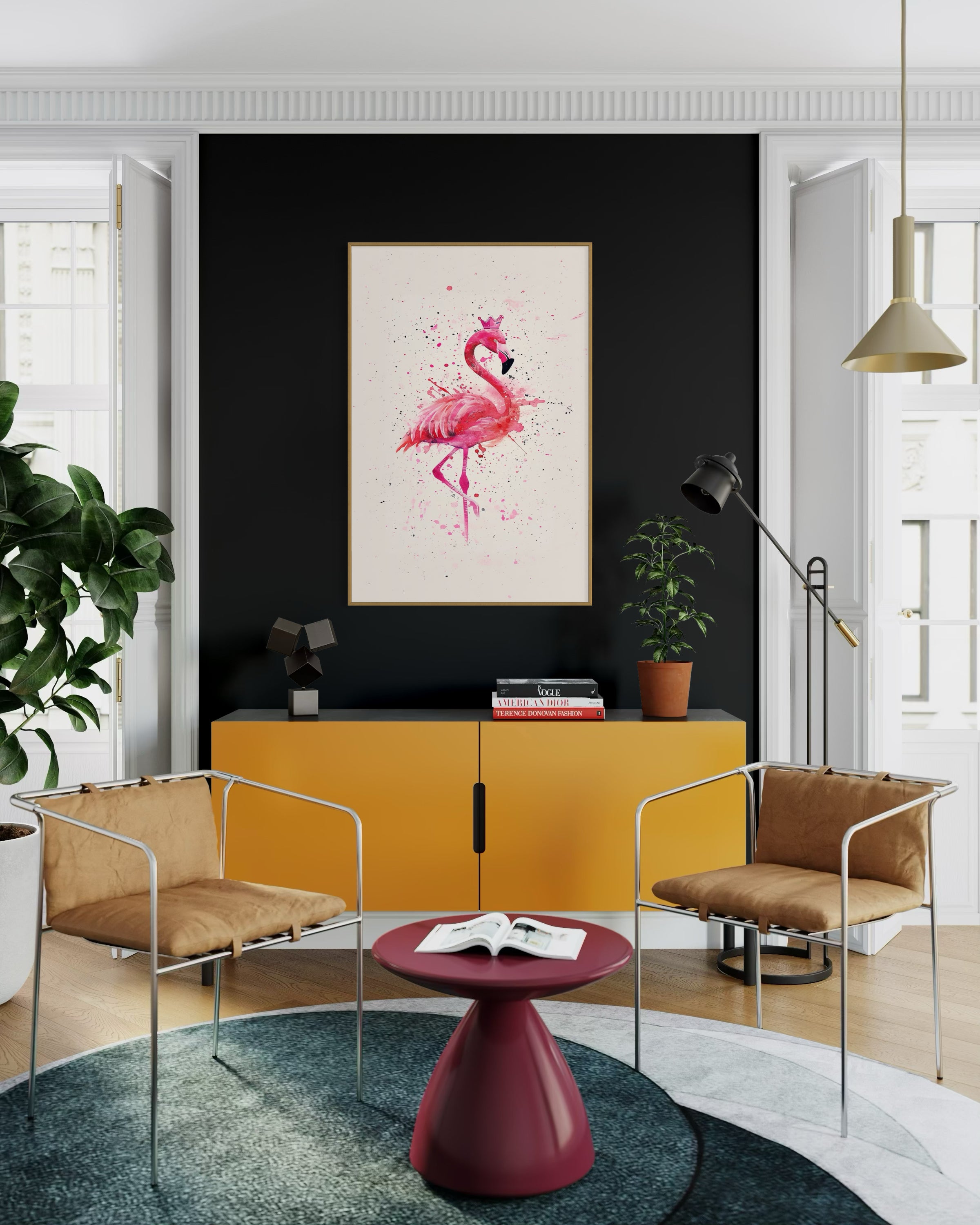 Stampa incorniciata con fenicottero rosa su sfondo chiaro, cornice beige