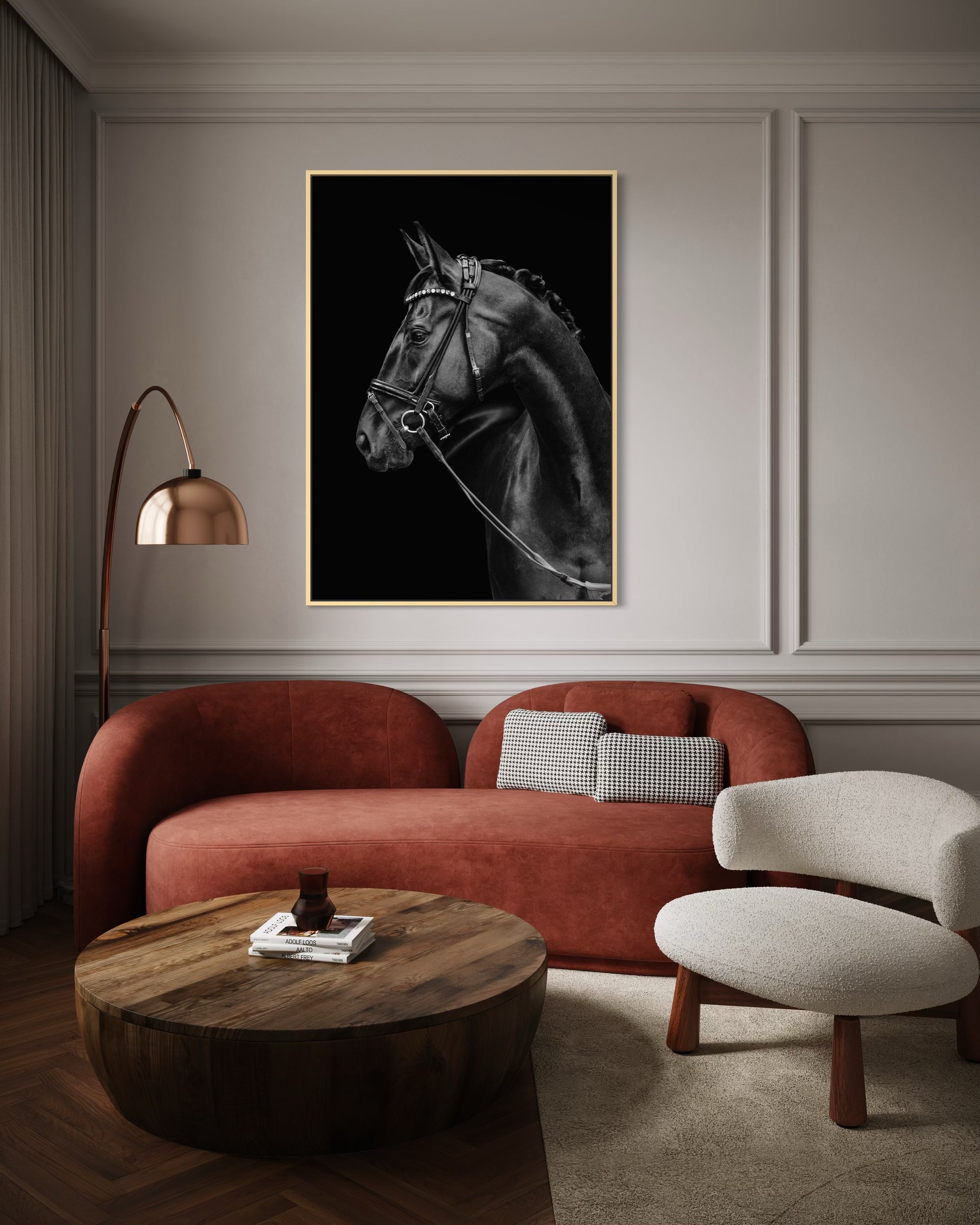 Black horse portrait print in gold-trim frame, close-up head and mane