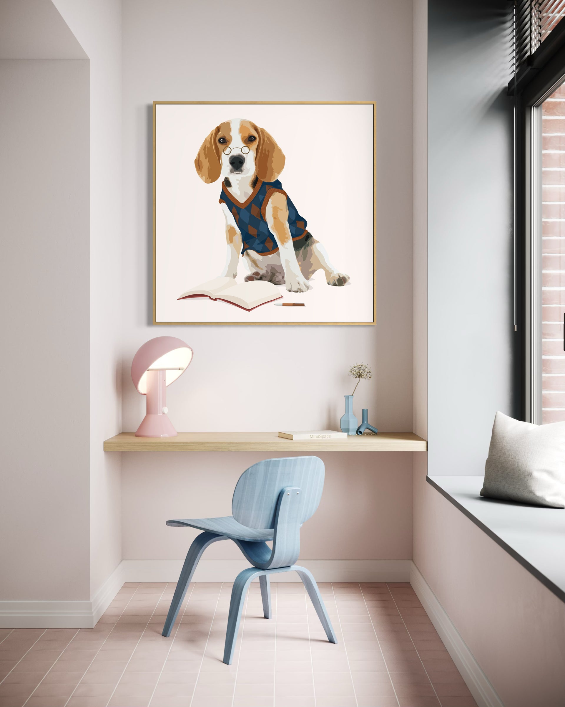 Beagle book con cornice oro: cane seduto con libro illustrato