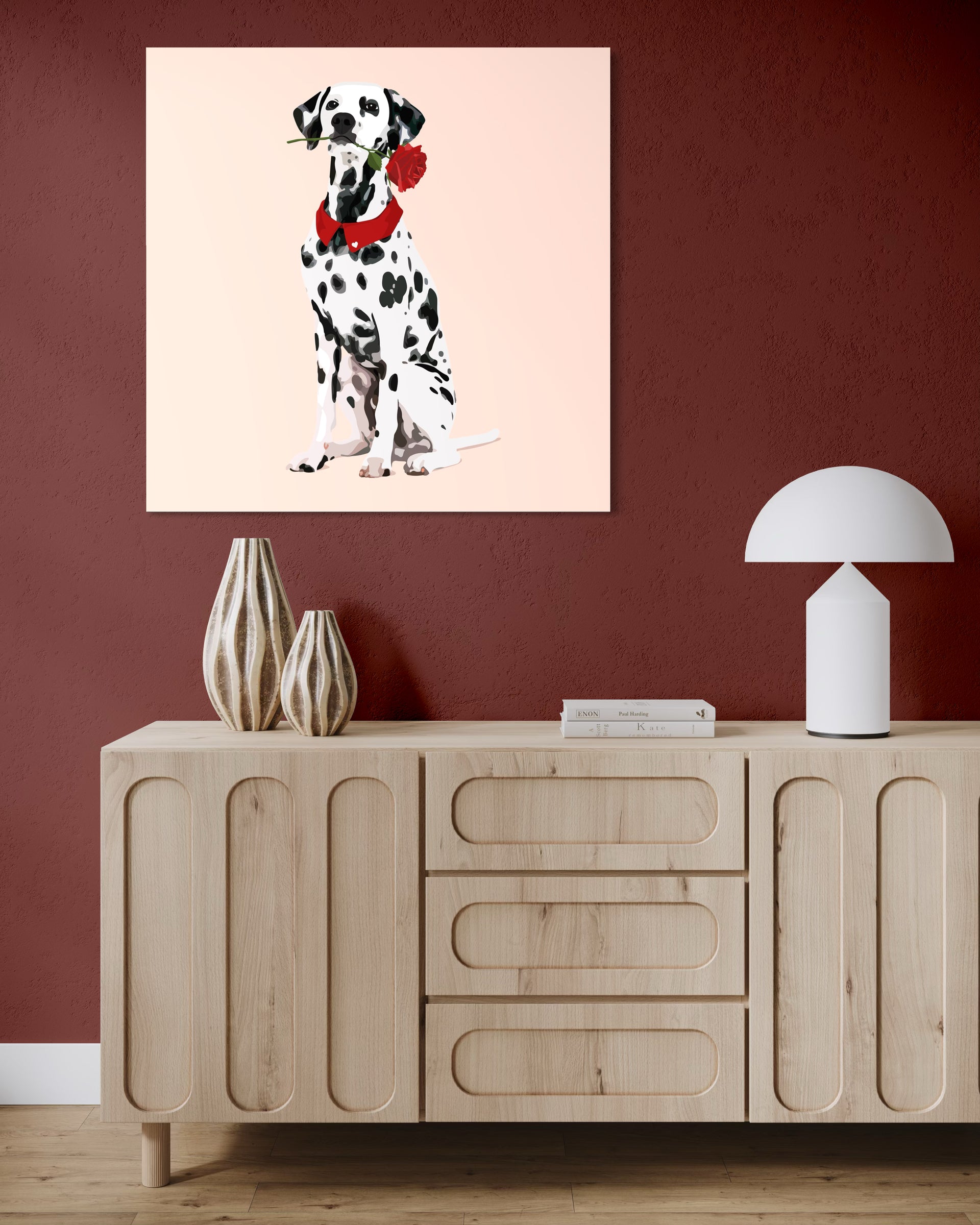 Dalmata love: cane dalmata con cuore rosso e macchie nere, illustrazione decorativa