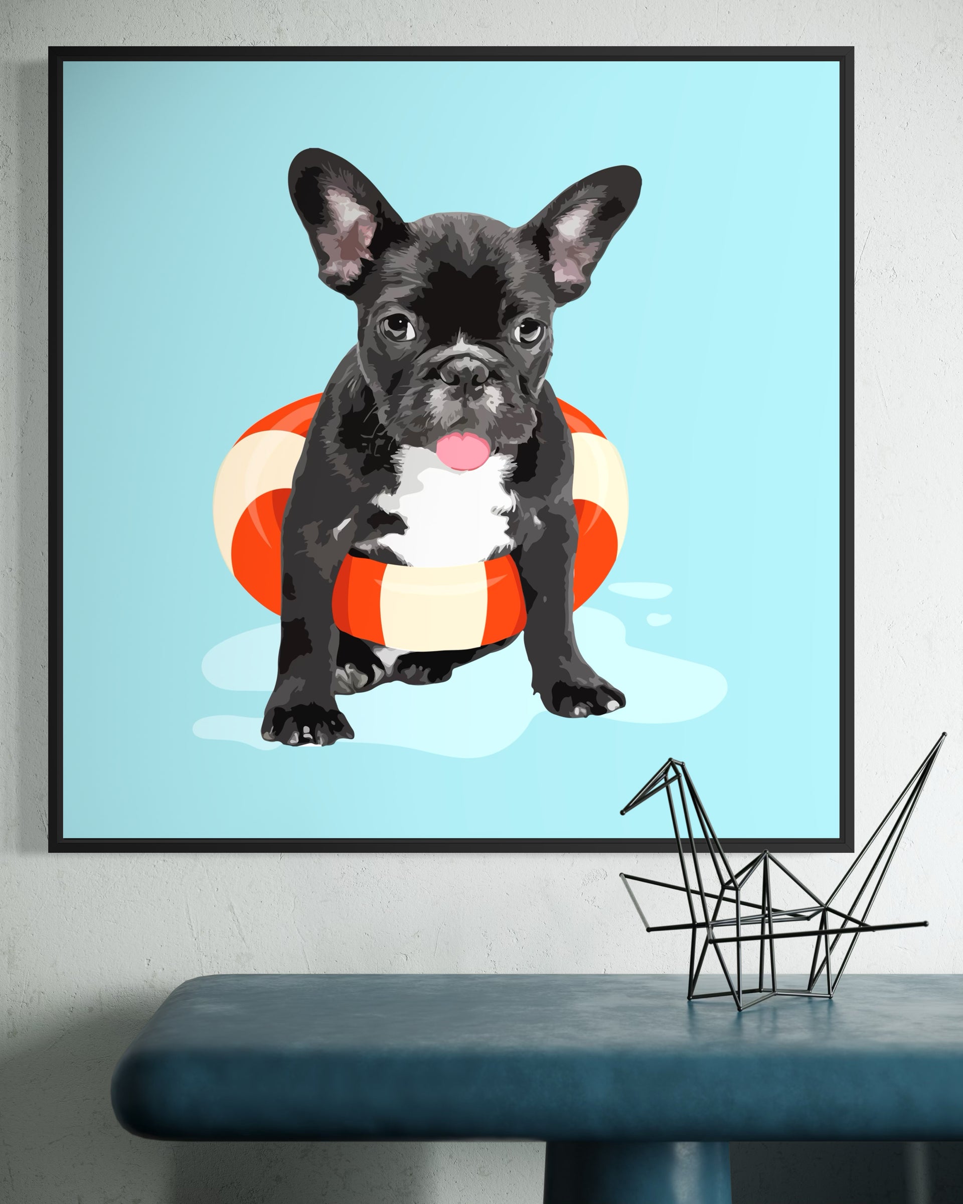 Bull pool: bulldog nero con salvagente, cornice scura quadrata