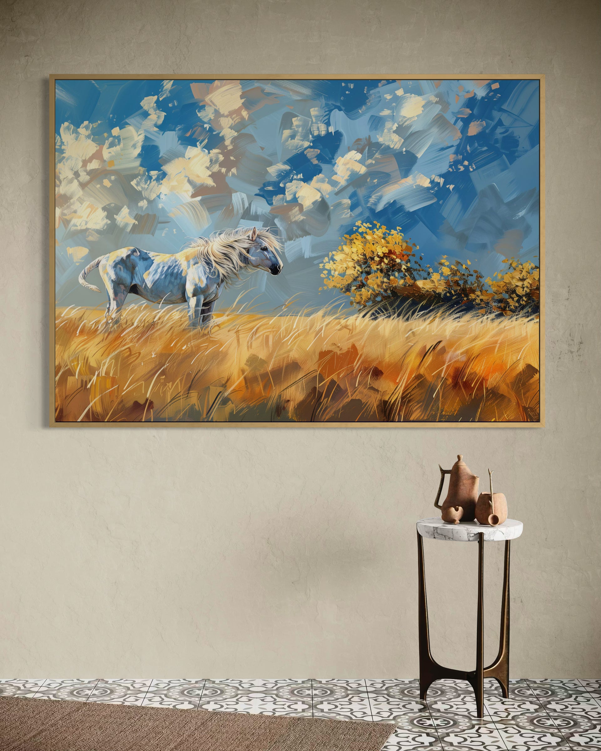 Quadro incorniciato con cane su prato, cornice dorata, sfondo blu