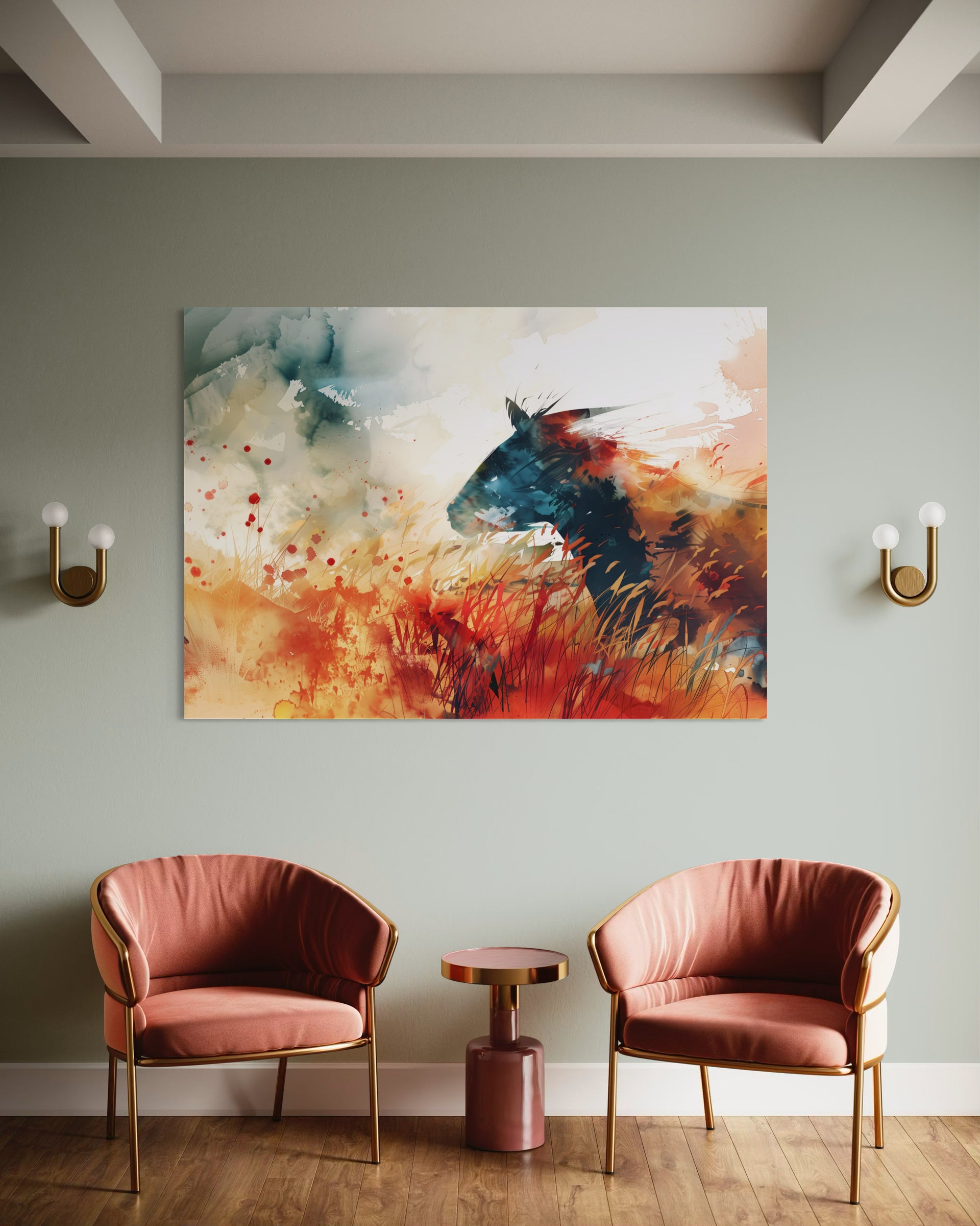 Quadro astratto raffigurante cavallo, palette blu, arancio e rosso su sfondo chiaro