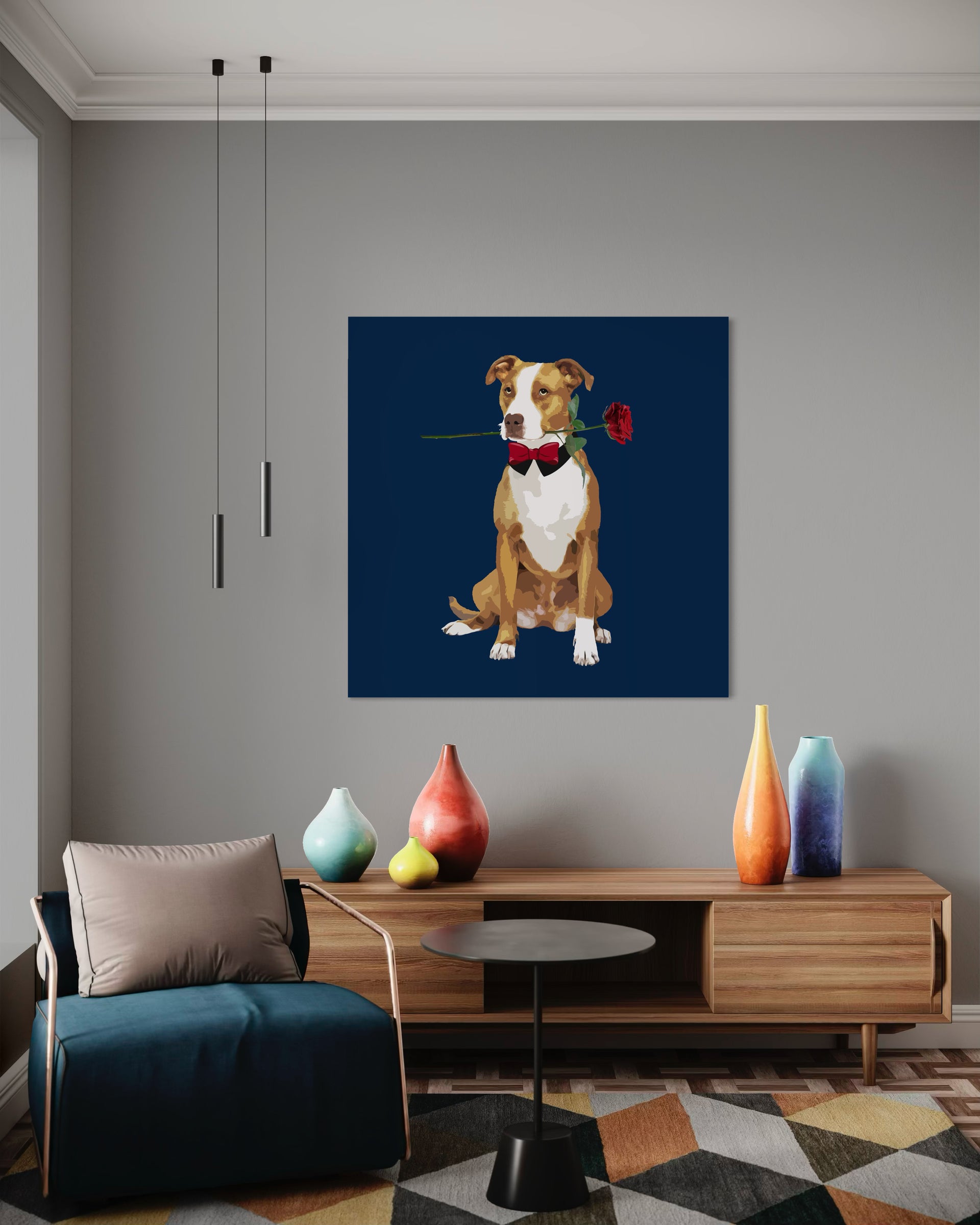 Romantic dog wall art: seated dog with red bow tie on blue background.