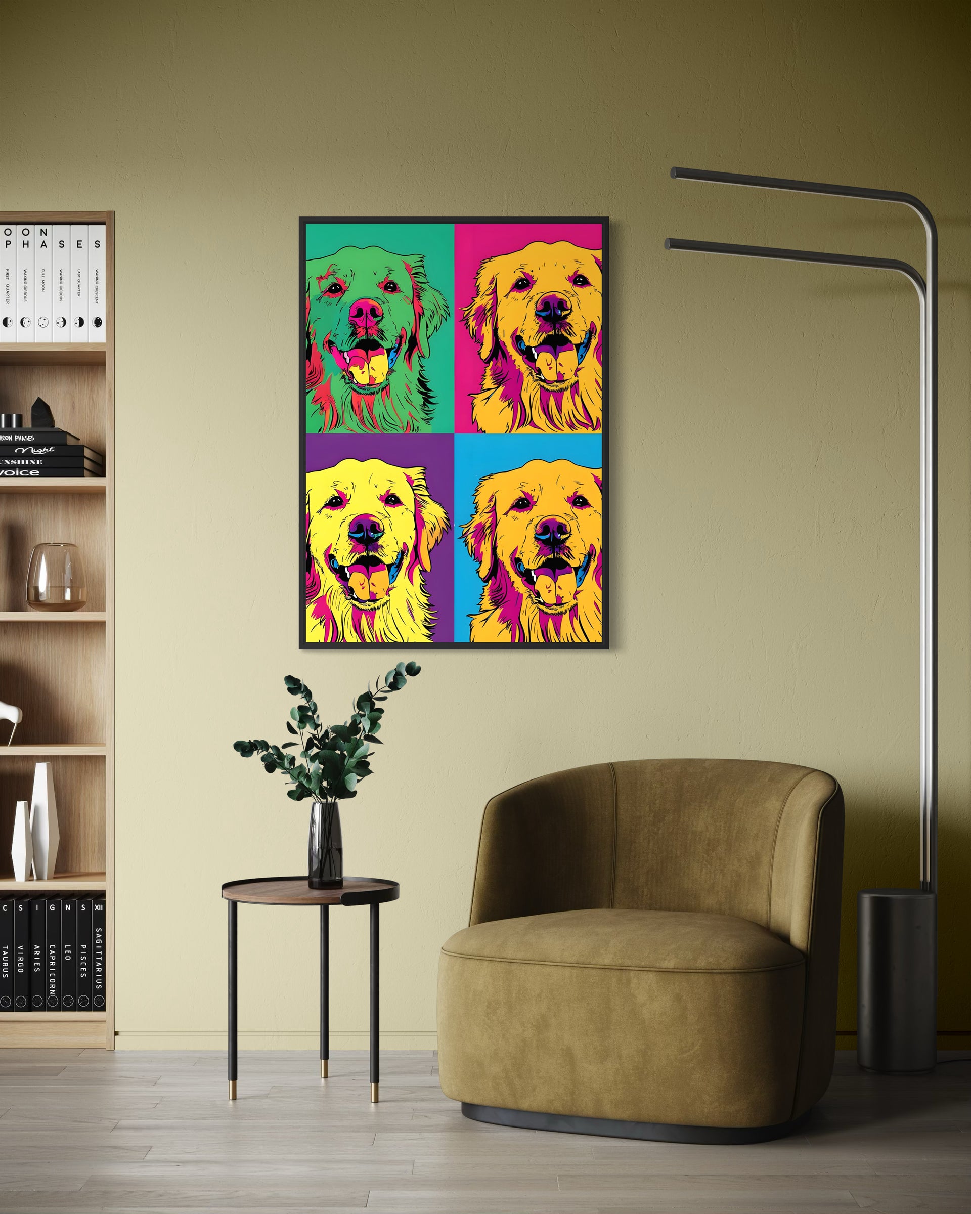 Passione canina, quadro con quattro ritratti di cani pop art, telaio nero