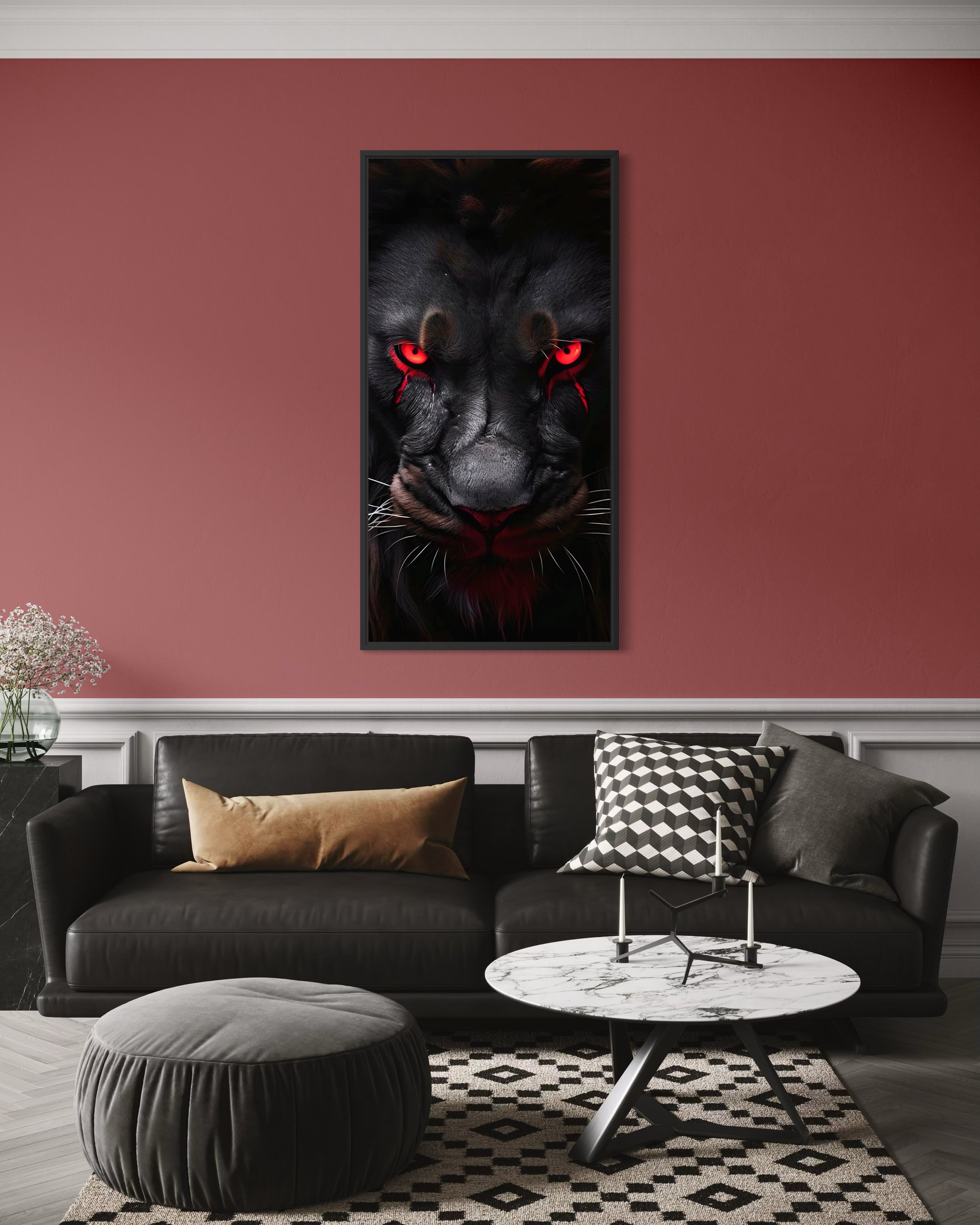 Combatti: quadro con leone nero stilizzato e occhi rossi, cornice scura