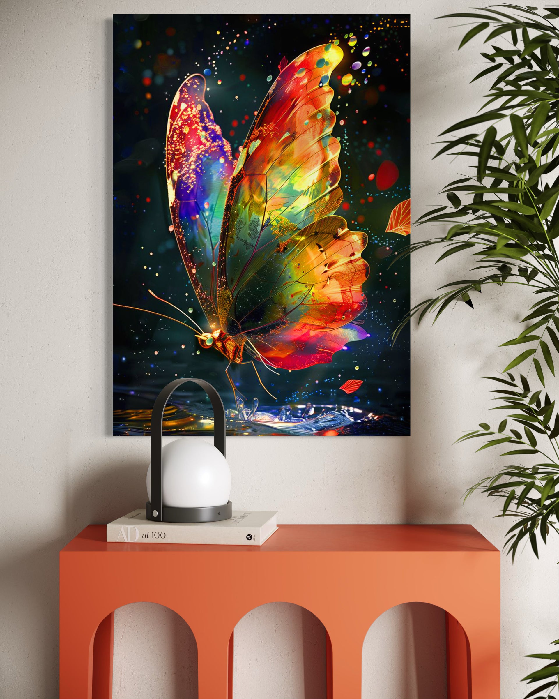 Farfalla arcobaleno con telaio nero, farfalle multicolori e dettagli dorati