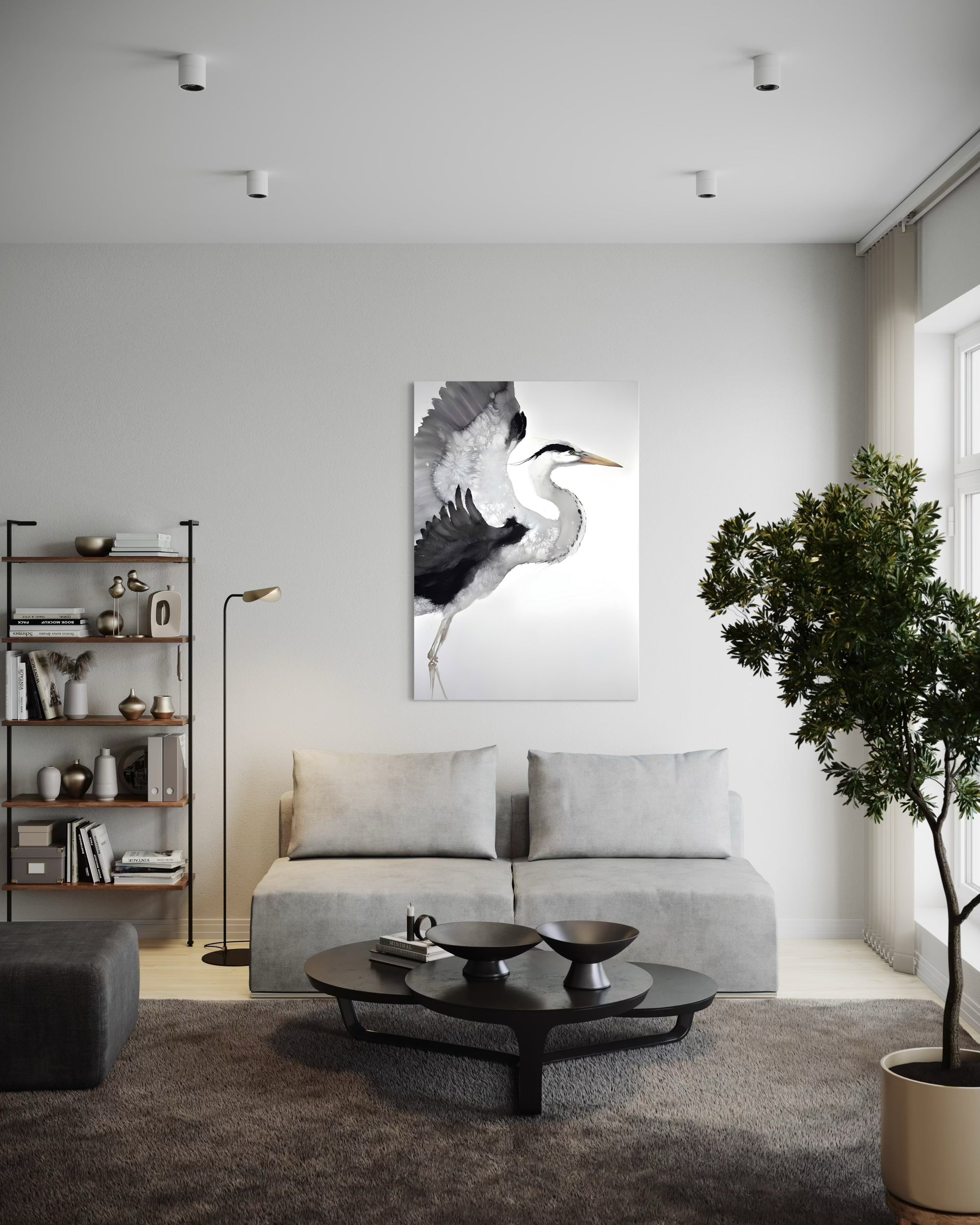 Quadro Airone con telaio bianco, stampa di un airone su sfondo chiaro