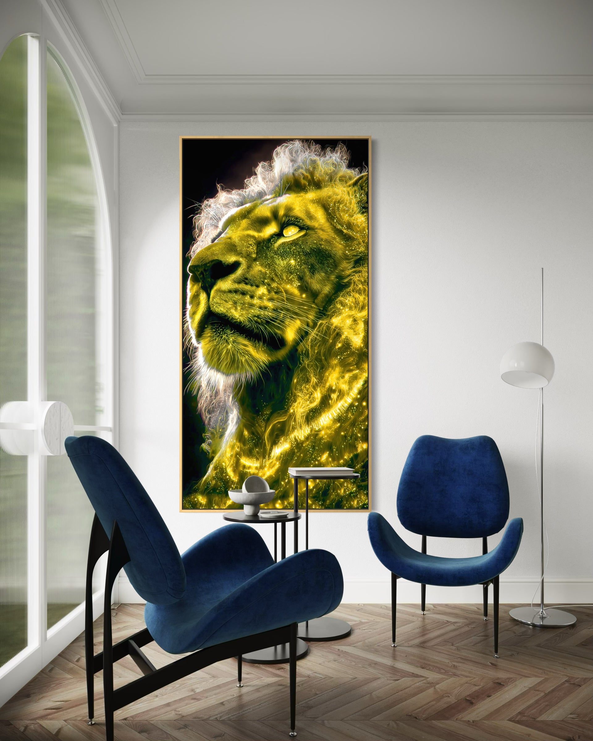 Re della Savana: leone giallo luminescente con telaio oro