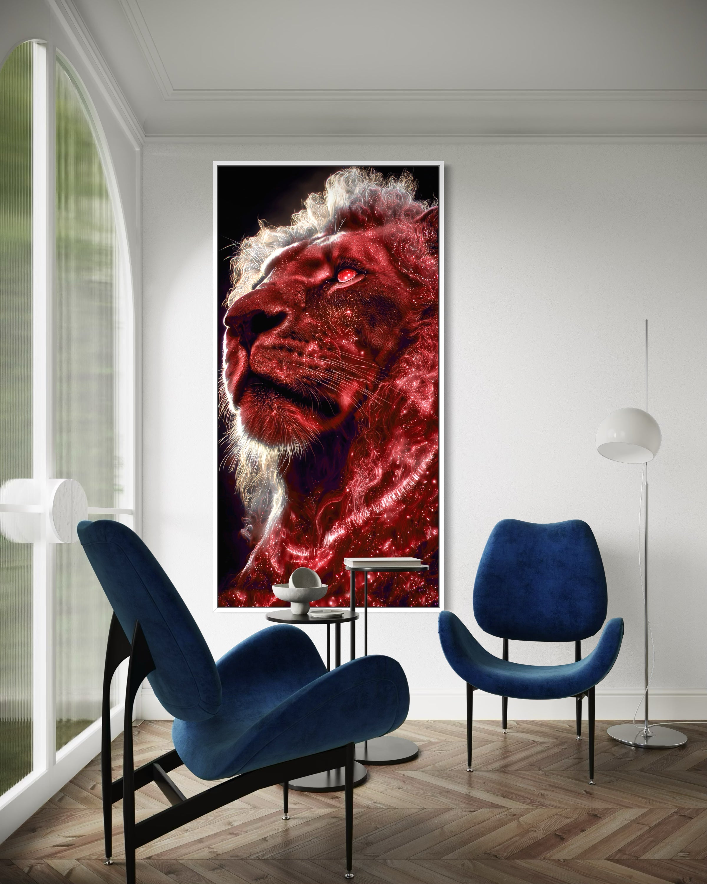 Re della Savana: leone rosso con luce brillante e telaio nero