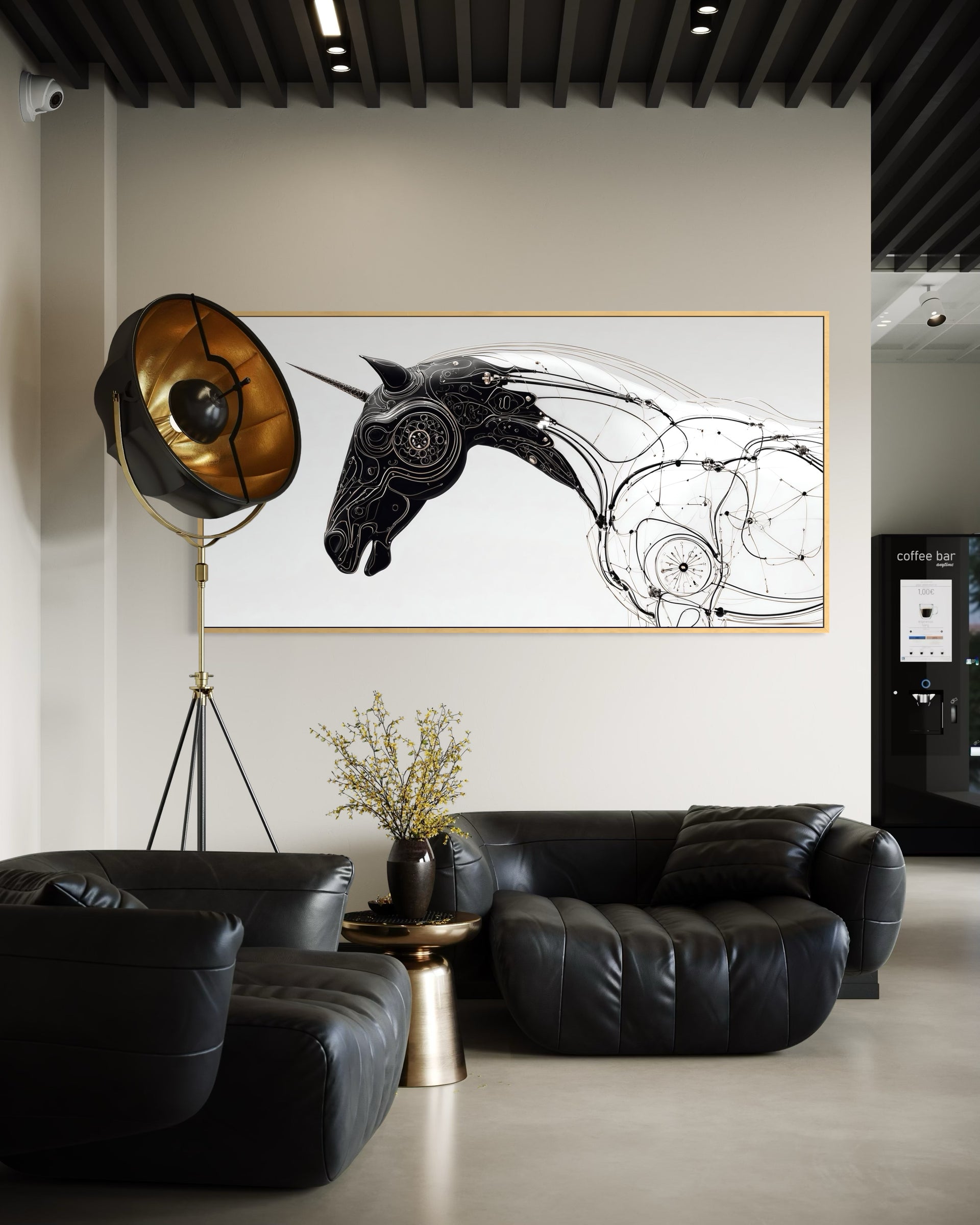 Line unicorn con cornice chiara, sfondo bianco e cavallo in linee nere