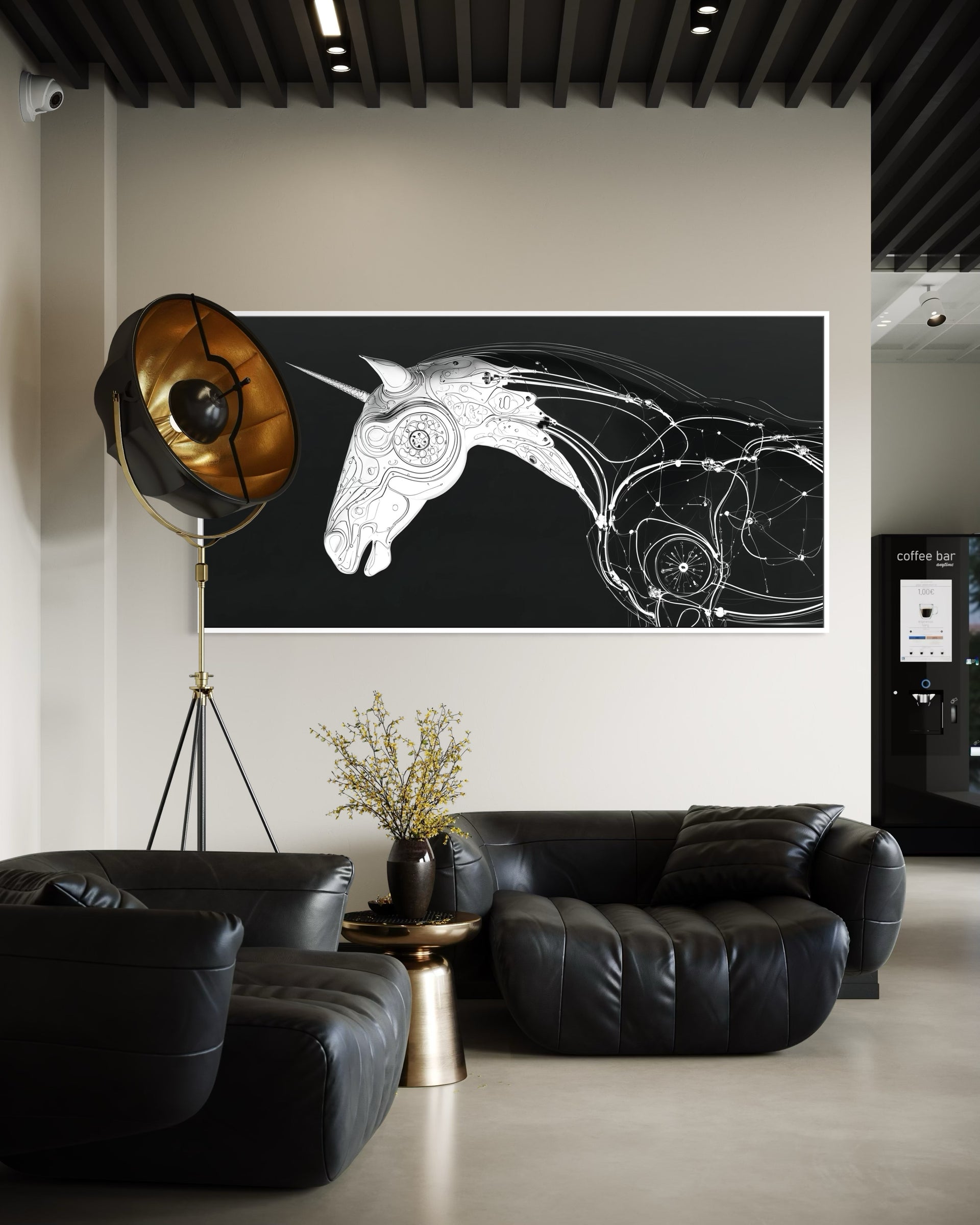 Line unicorn con cornice scura, sfondo nero e cavallo in linee bianche