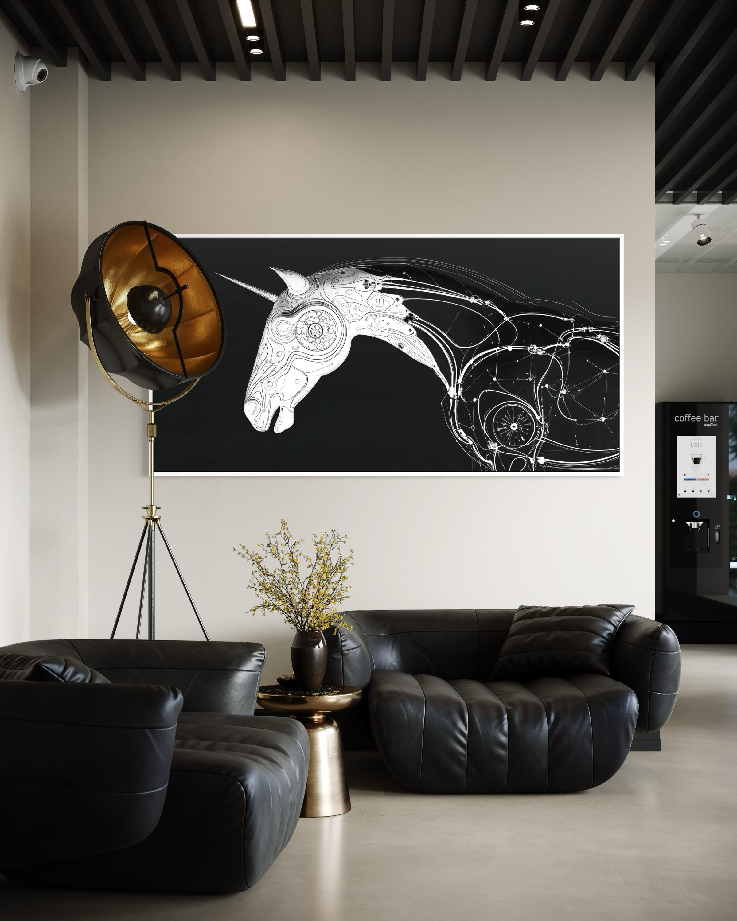 Line unicorn con cornice scura, sfondo nero e cavallo in linee bianche
