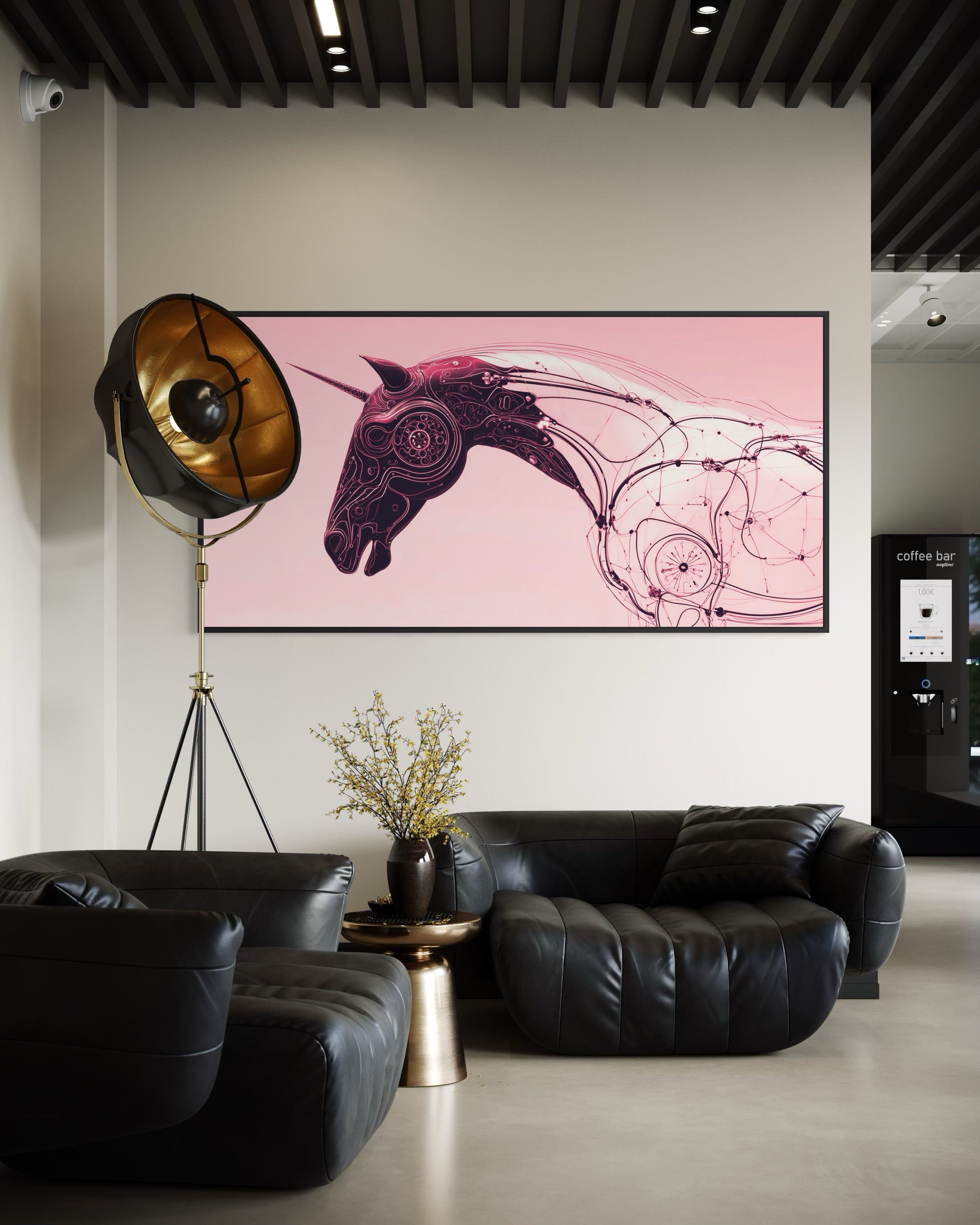 Line unicorn con cornice scura, sfondo rosa-bordeaux e cavallo in linee viola